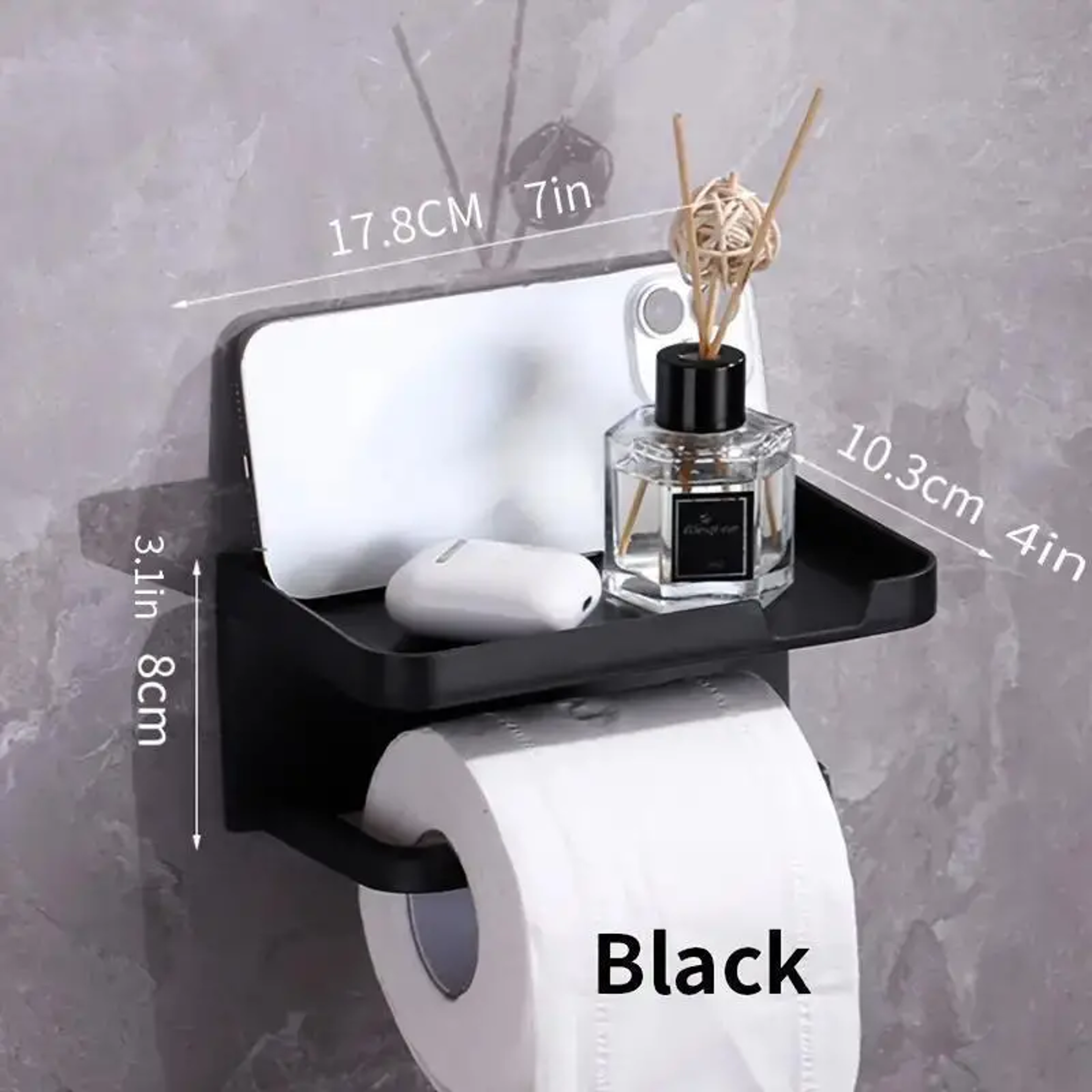 wall-mounted no-drill toilet paper holder with shelf and phone holder, polypropylene bathroom tissue roll dispenser