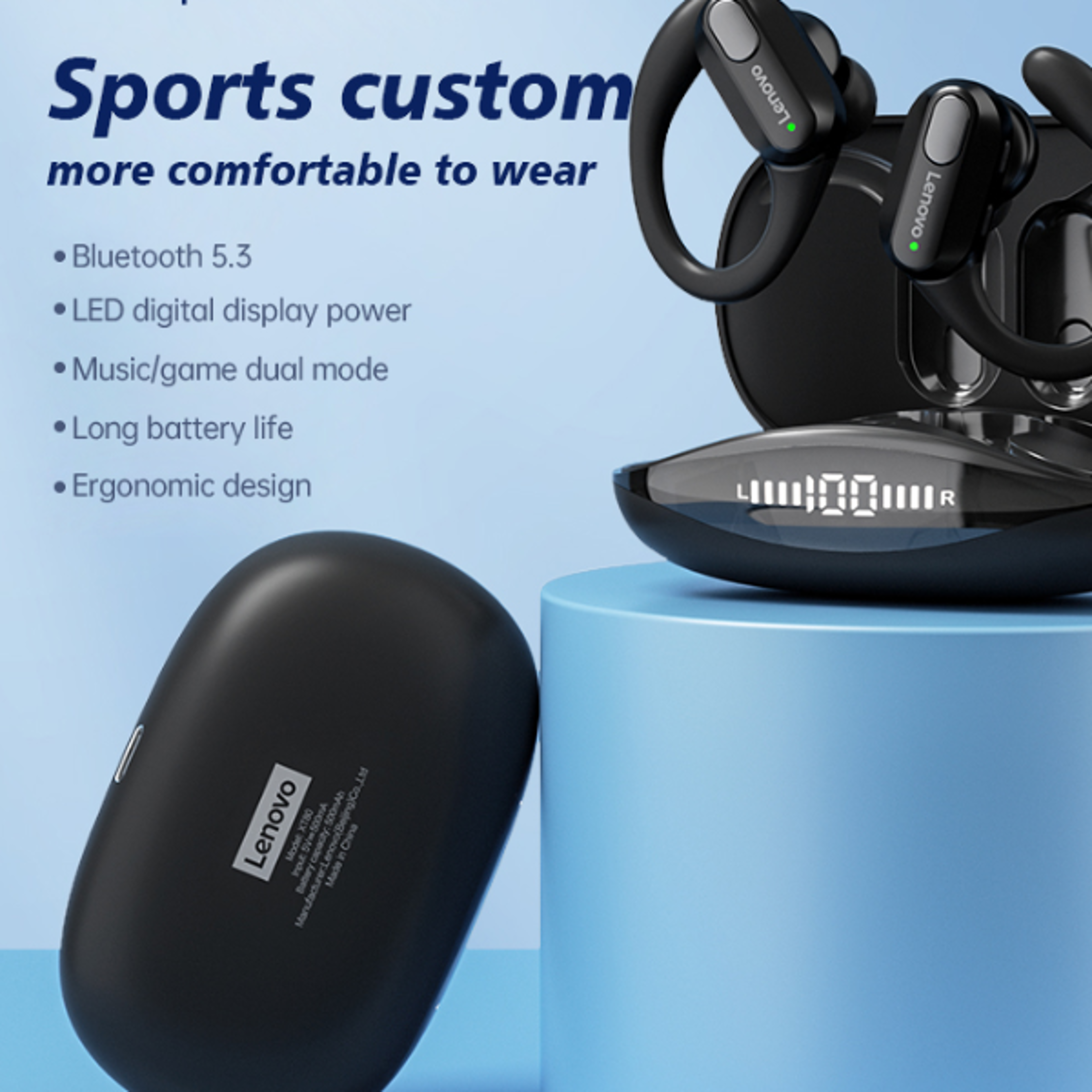 sports wireless earphones with led power display, bluetooth hifi stereo sound, and built-in mic