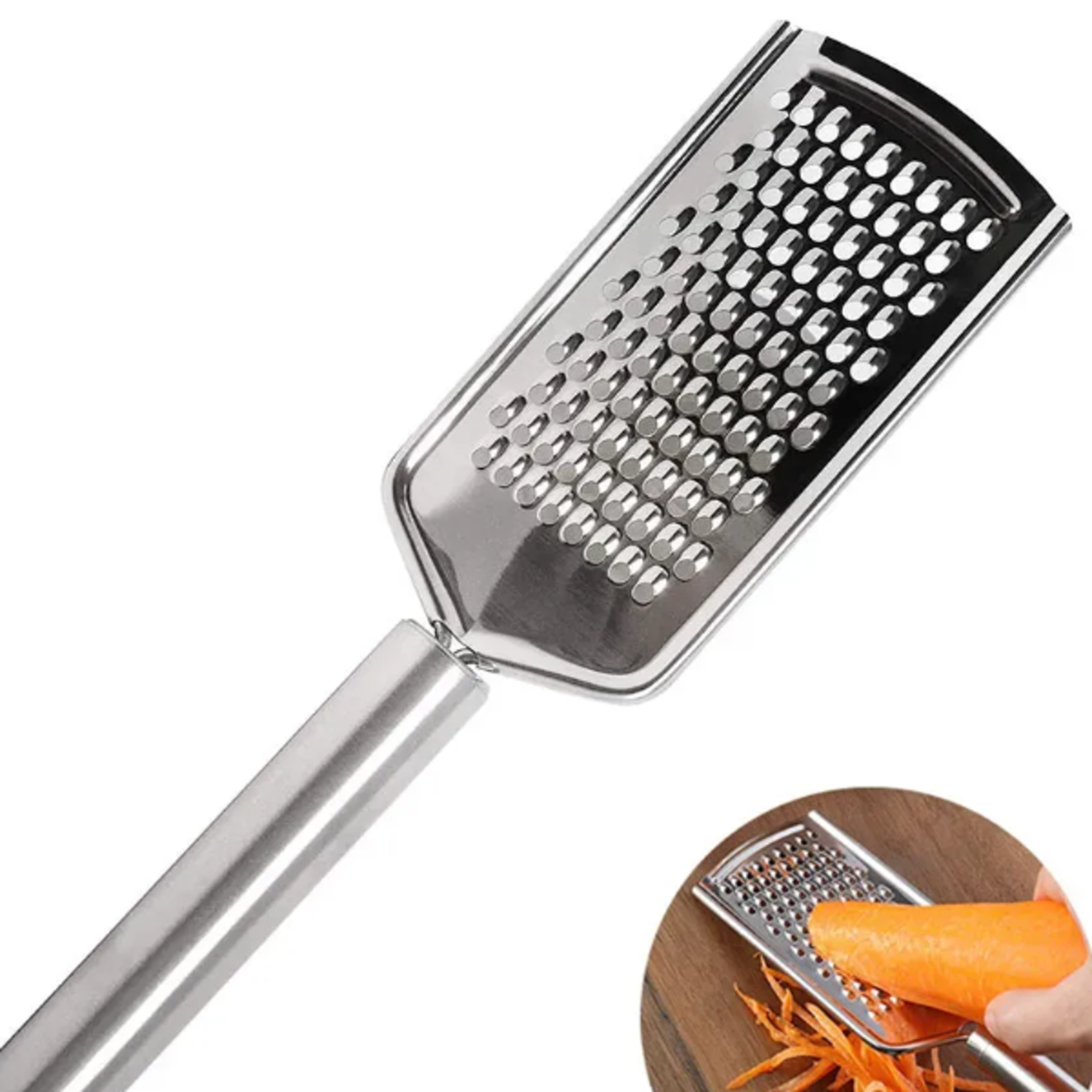 micro-blade fine grater with stainless steel handle for zesting hard cheese, carrot, ginger & lemon