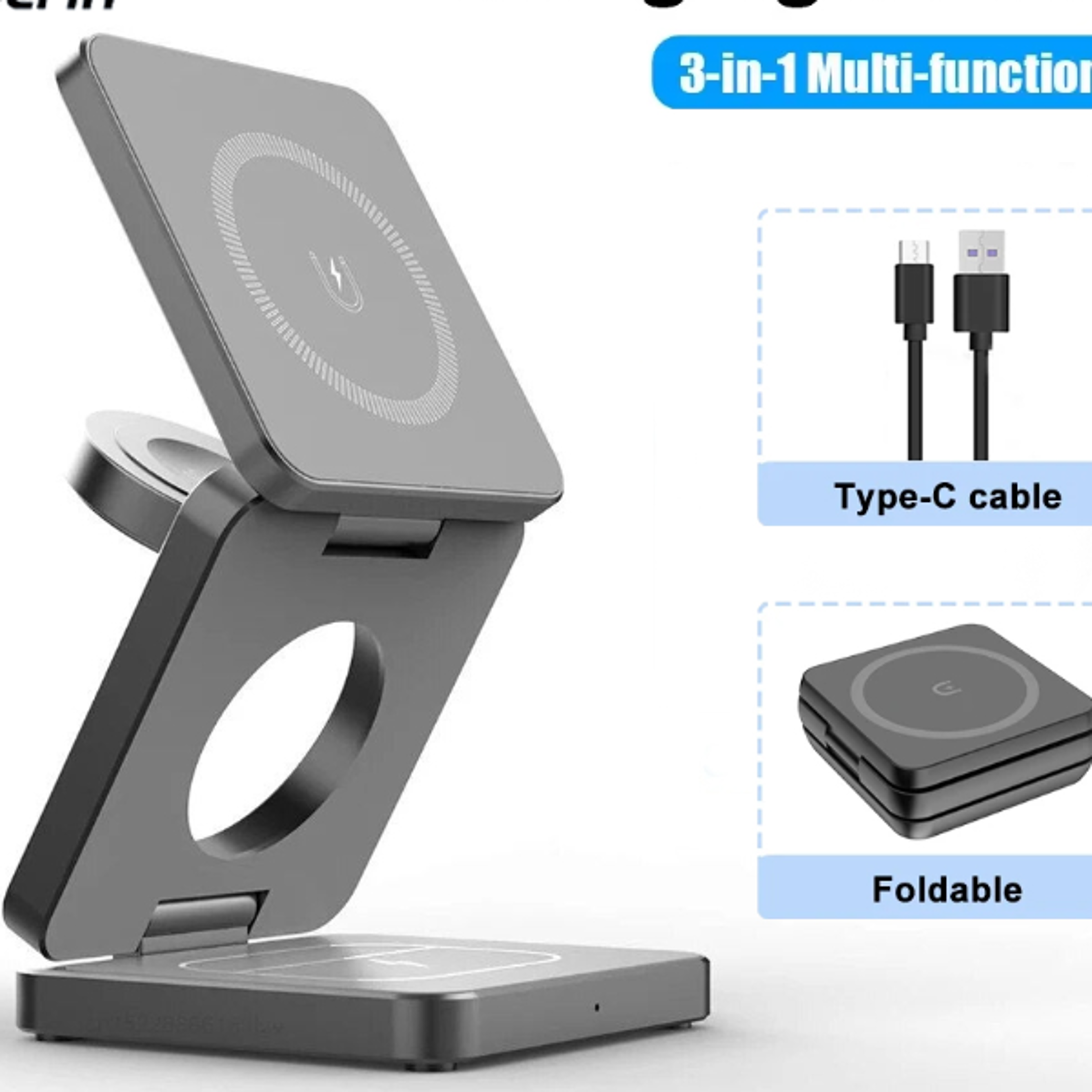 foldable magnetic wireless charger stand fast charging station for smartphones, earbuds & watch