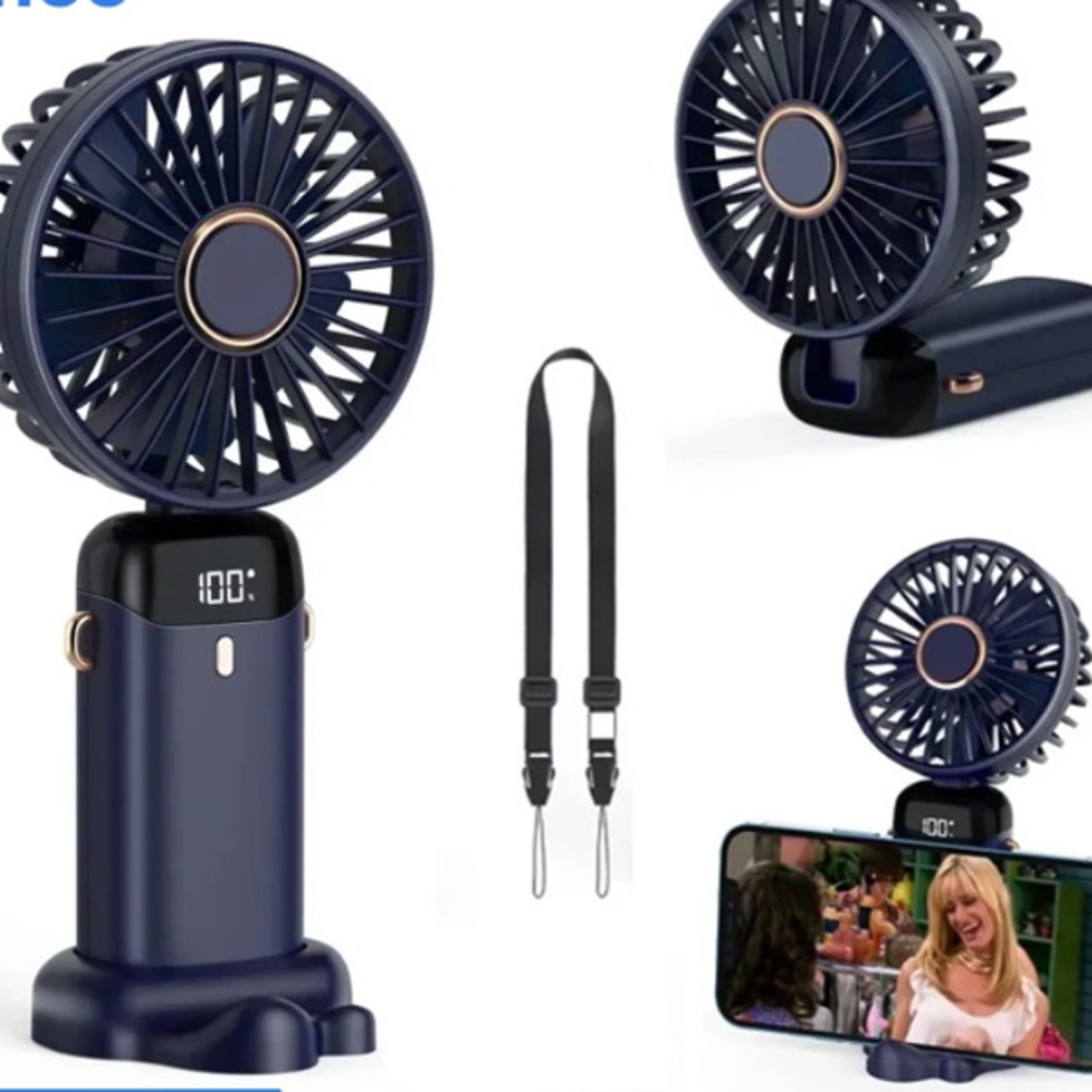 portable handheld mini fan speed usb rechargeable, foldable desk & neck hanging fan with phone stand display