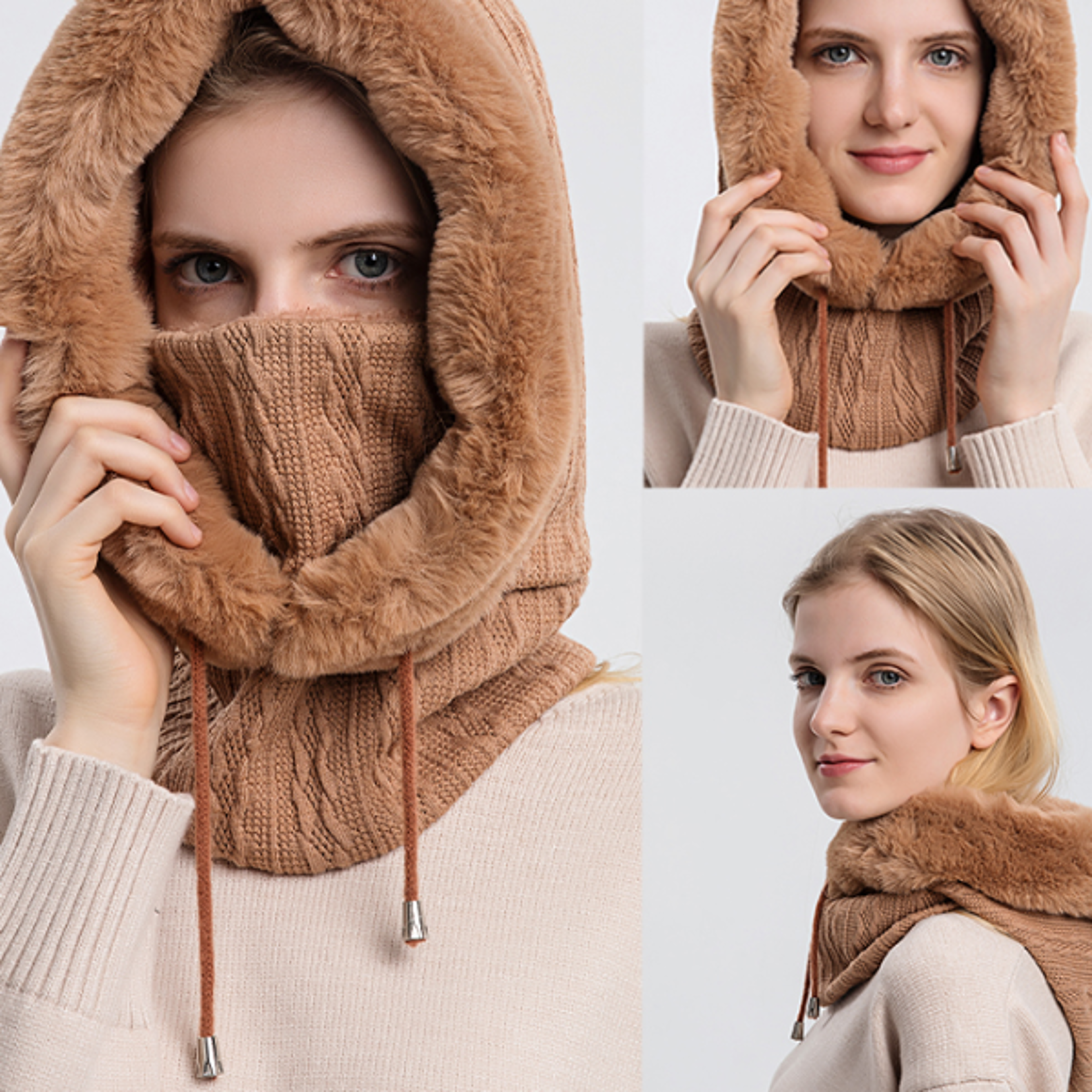 winter fur cap mask set for women cashmere knitted neck warmer, windproof ski balaclava, plush fluffy beanie hat