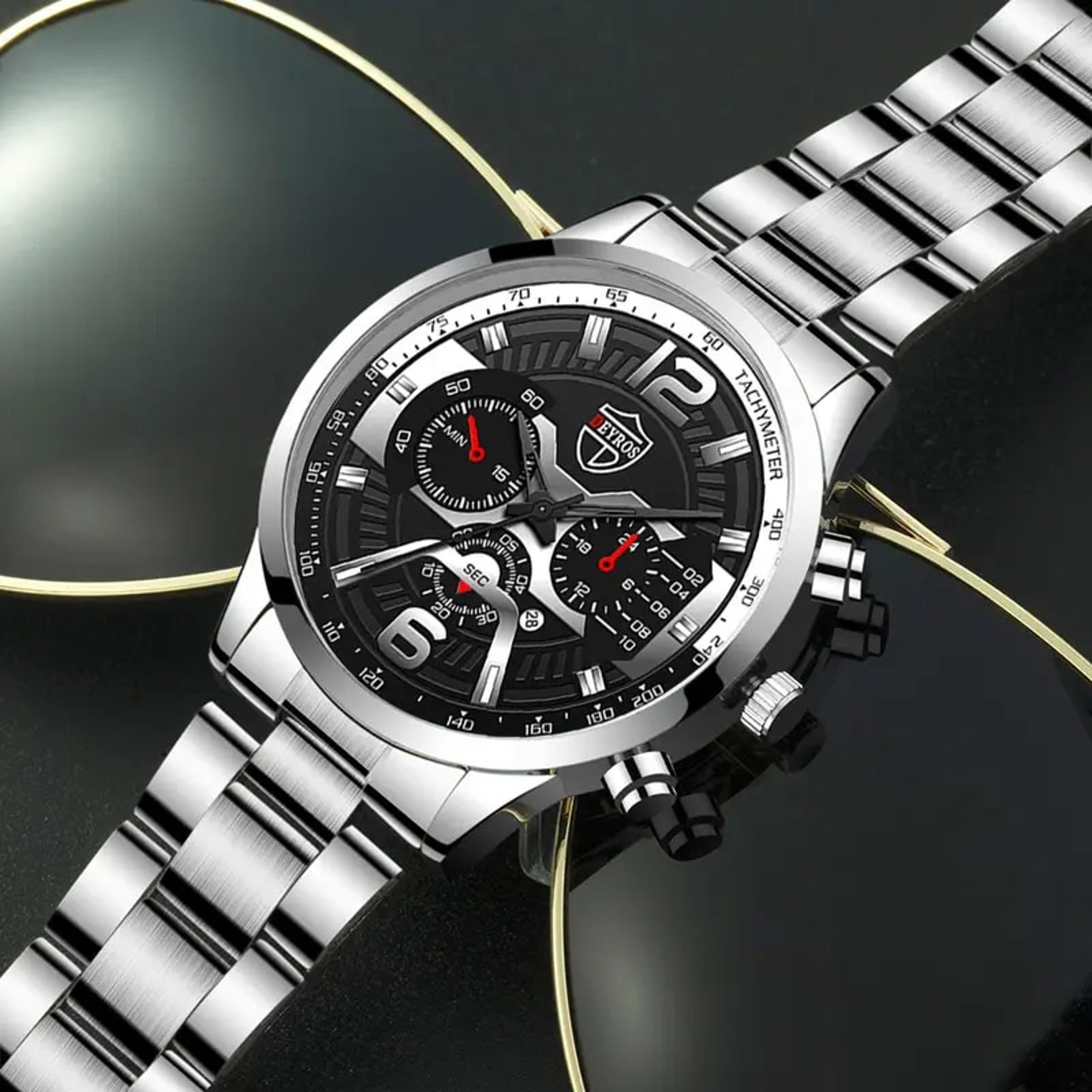 fashion mens calendar watches business stainless steel quartz wristwatch necklace bracelet set