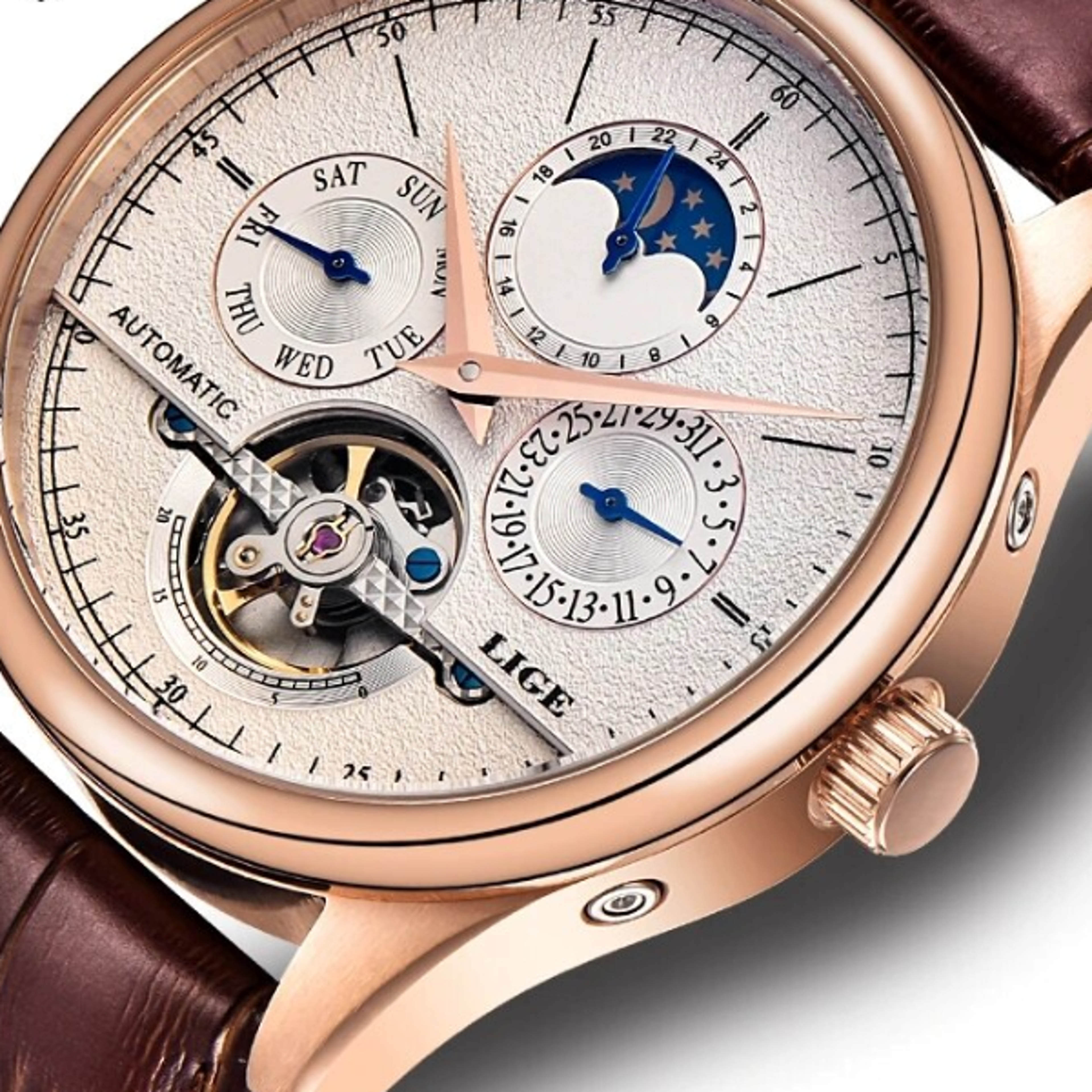 luxury skeleton tourbillon automatic mechanical leather watch for men