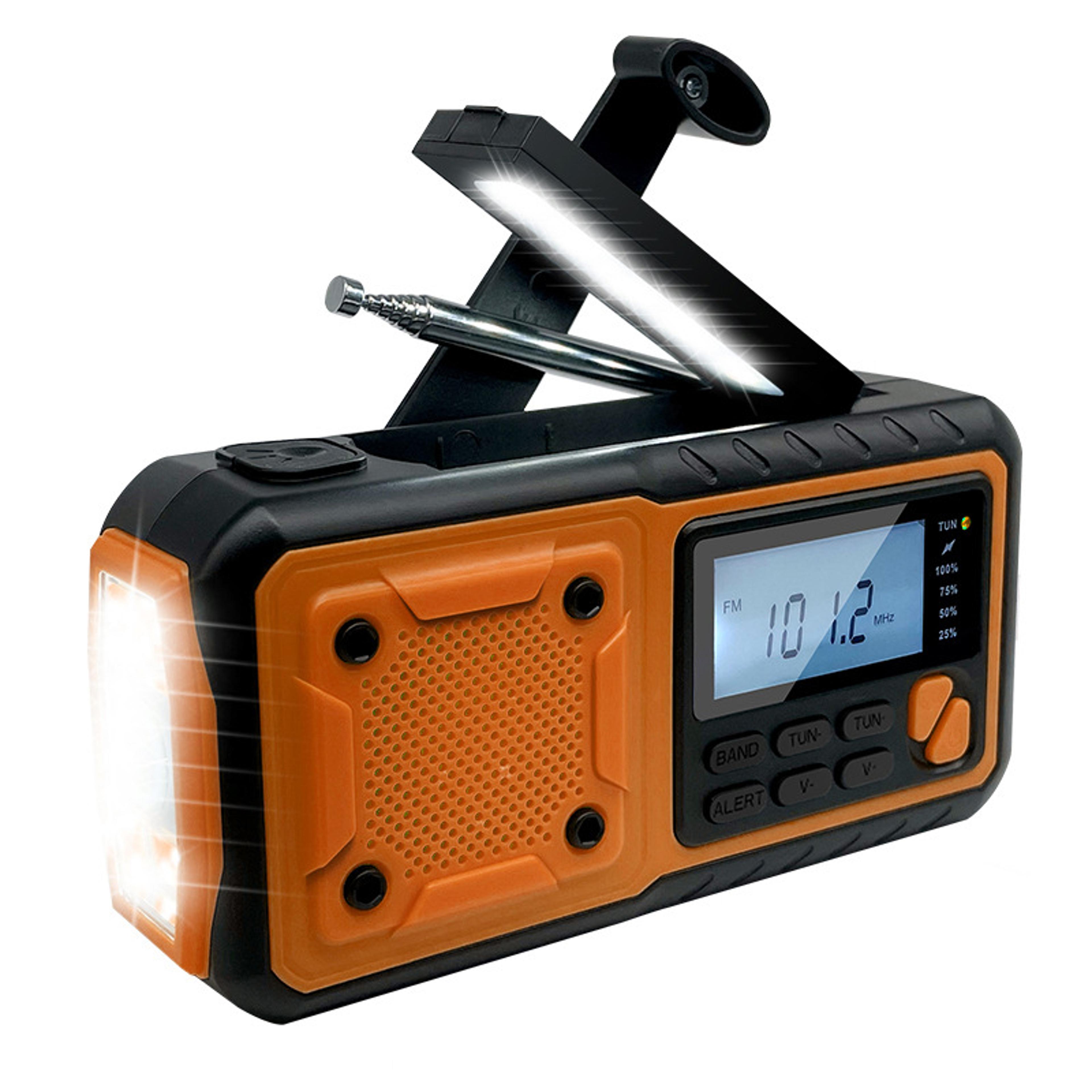 portable emergency weather radio with hand crank solar charger and phone power bank