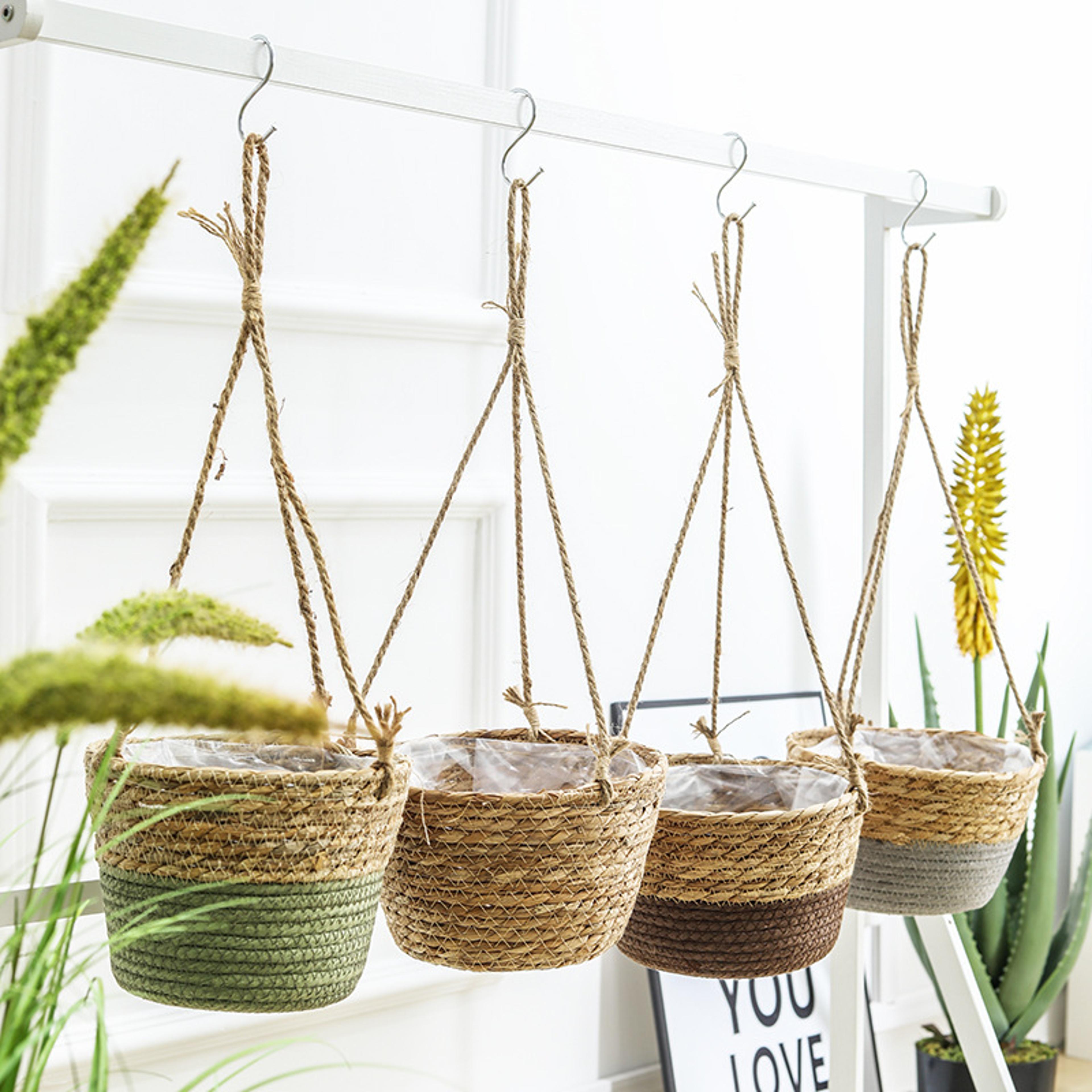 foldable seagrass hanging planter with jute rope for boho indoor outdoor decor