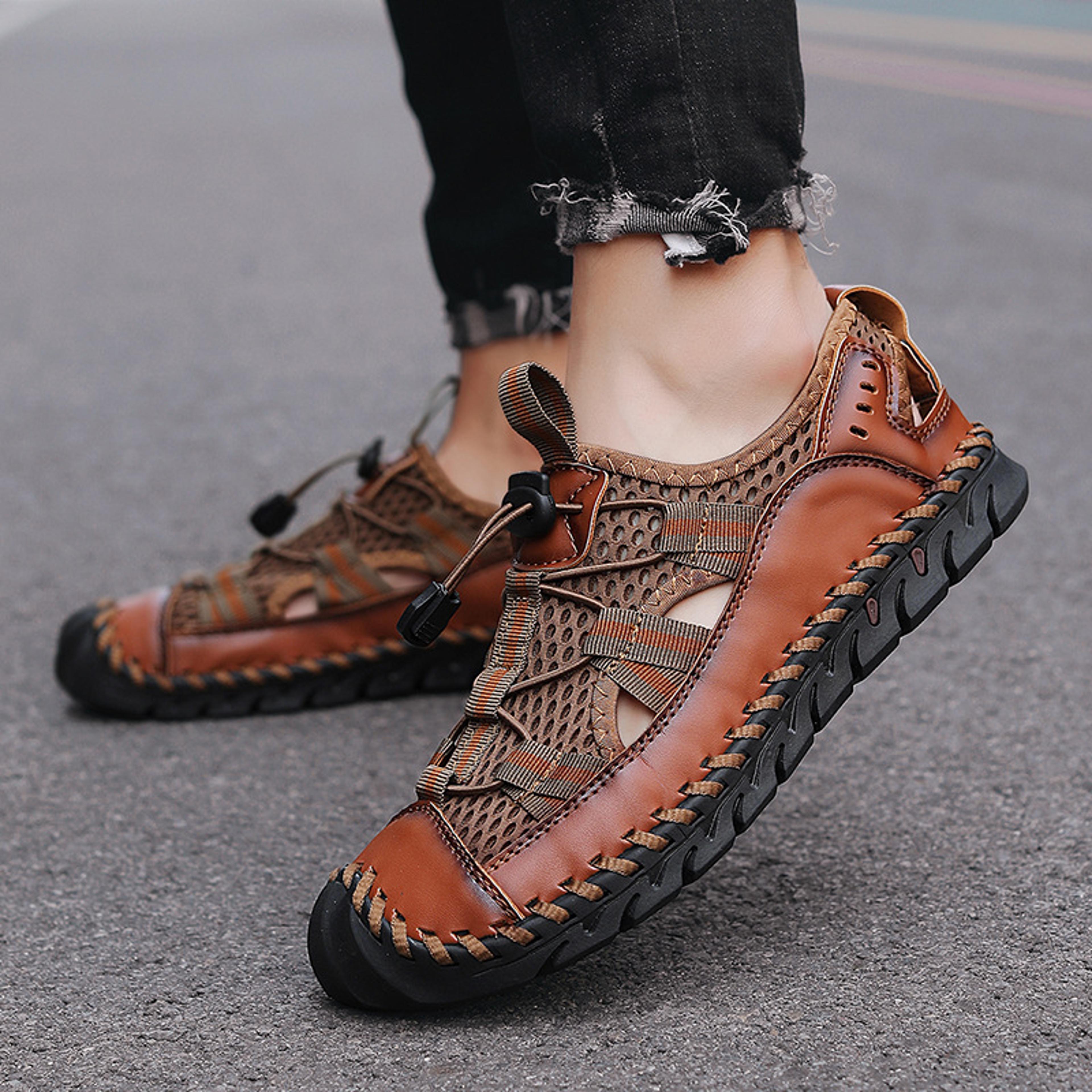 handmade genuine leather mens sandals non slip outdoor summer beach shoes
