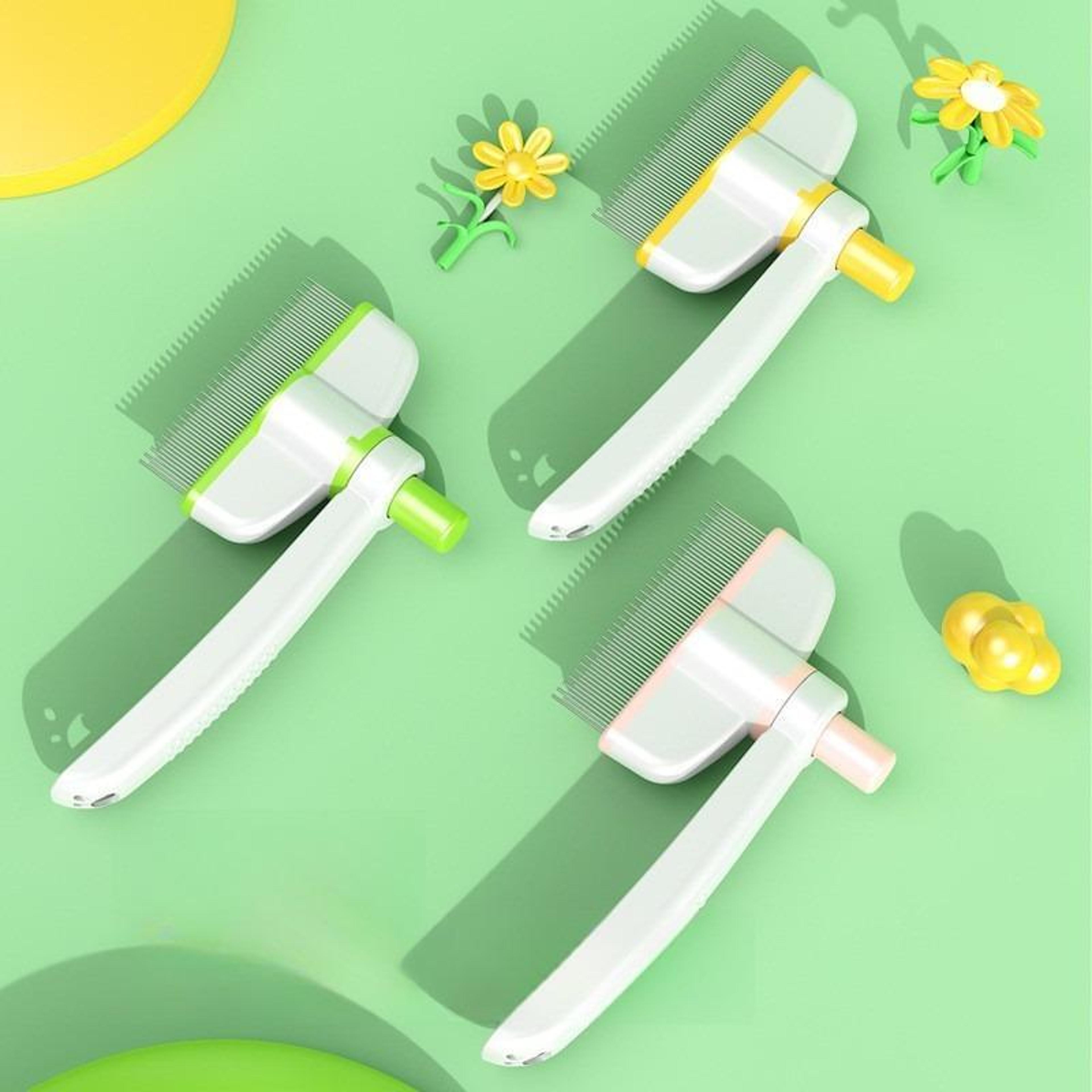 self cleaning pet grooming brush for dogs & cats with rotating fine tooth deshedding comb