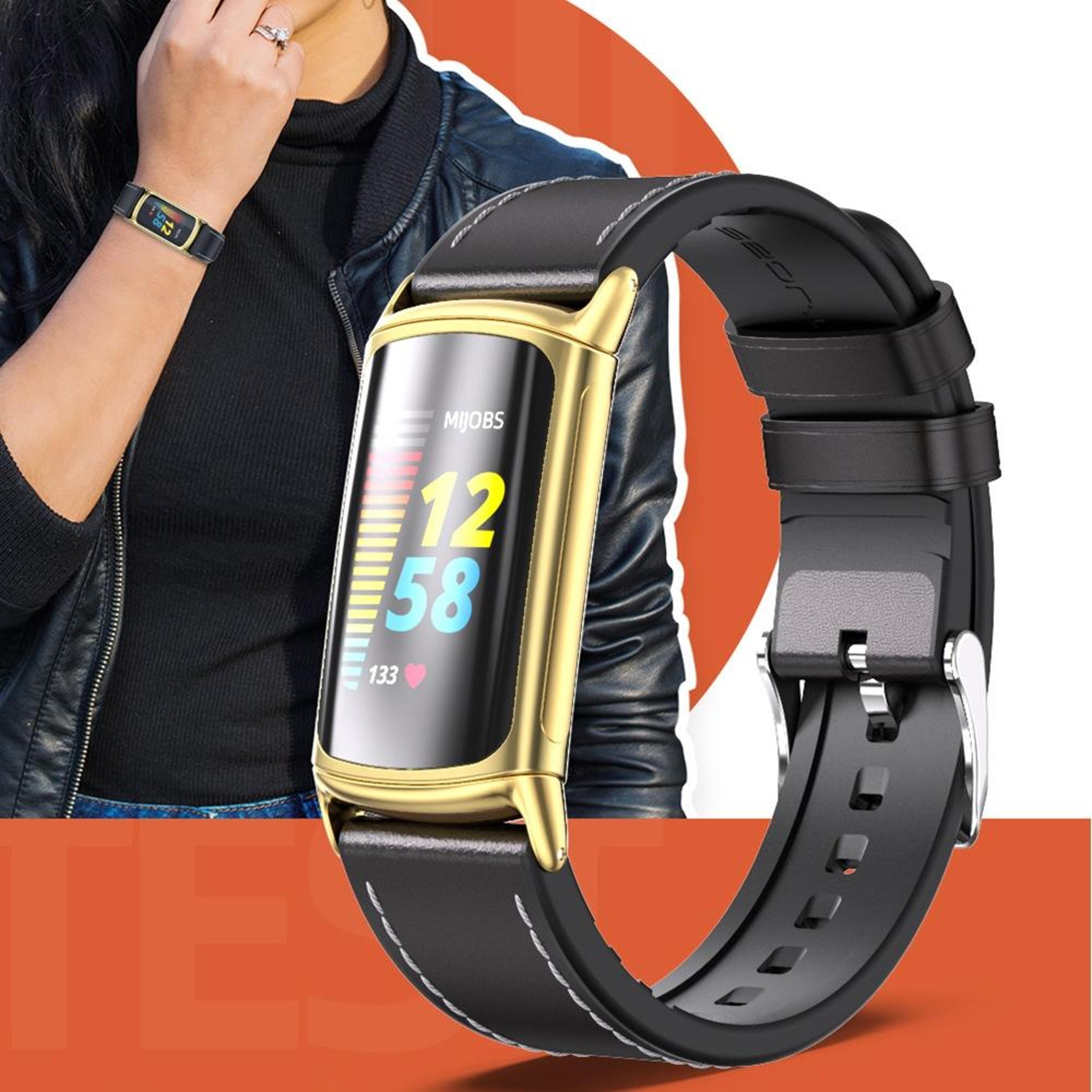 Mijobs Fitbit Charge 6 Band TPU Leather Replacement Watch Band For Fitbit Charge 5 3