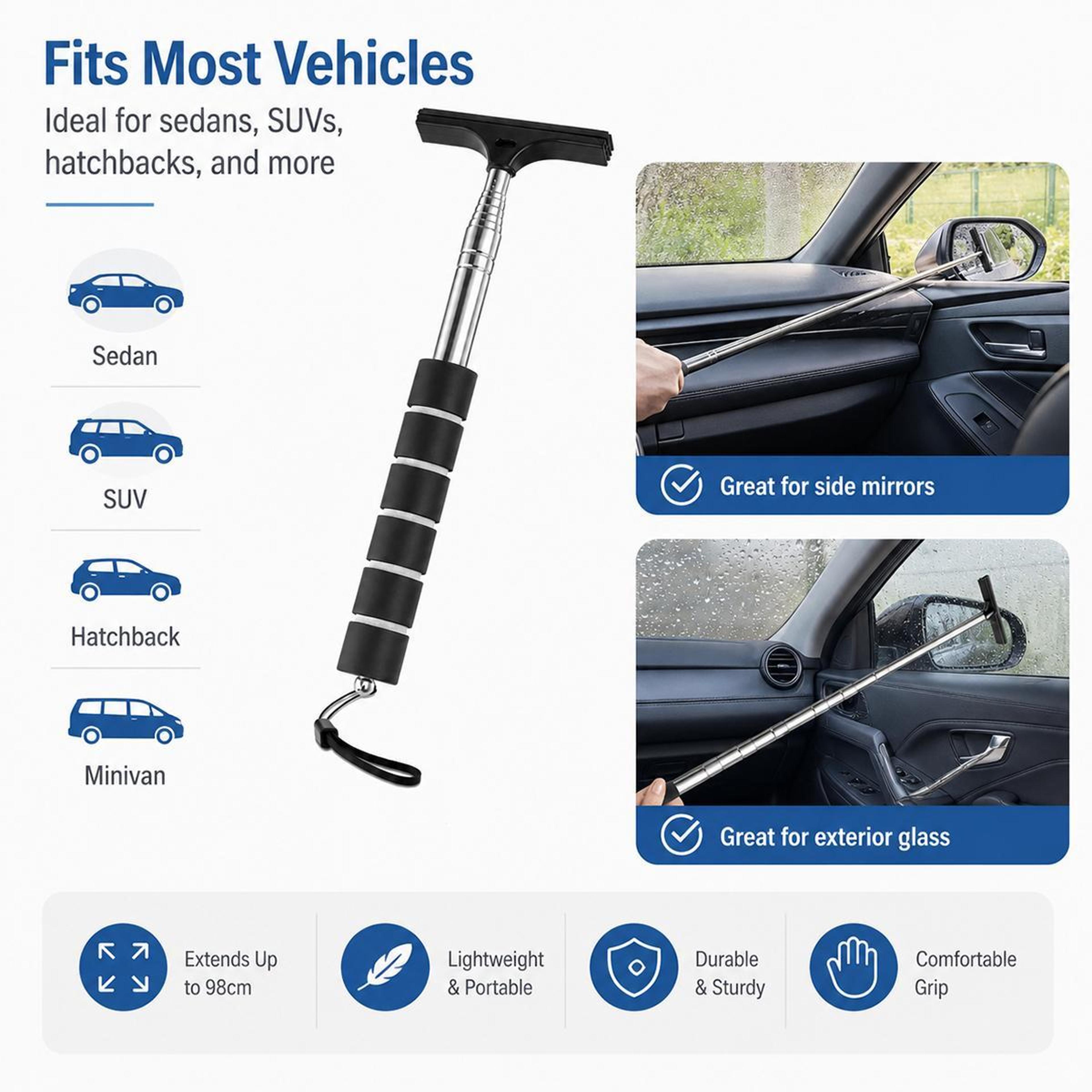 Car Rearview Mirror Wiper Telescopic Window Cleaner Stainless Steel Extendable Glass Squeegee 8