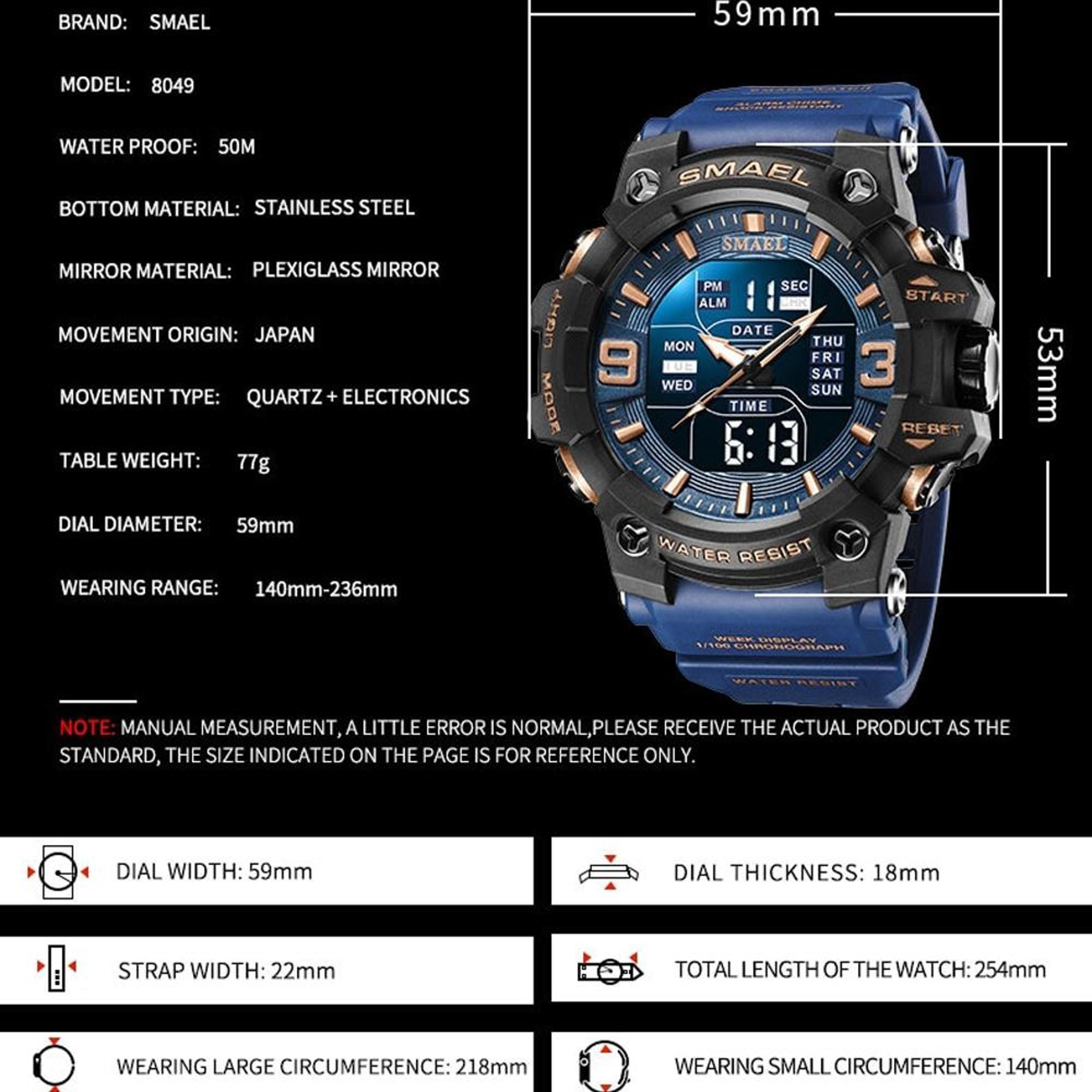 SMAEL 8049 Waterproof Sports Watch Mens Digital Analog Watch With LED Night Light And Stopwatch 5