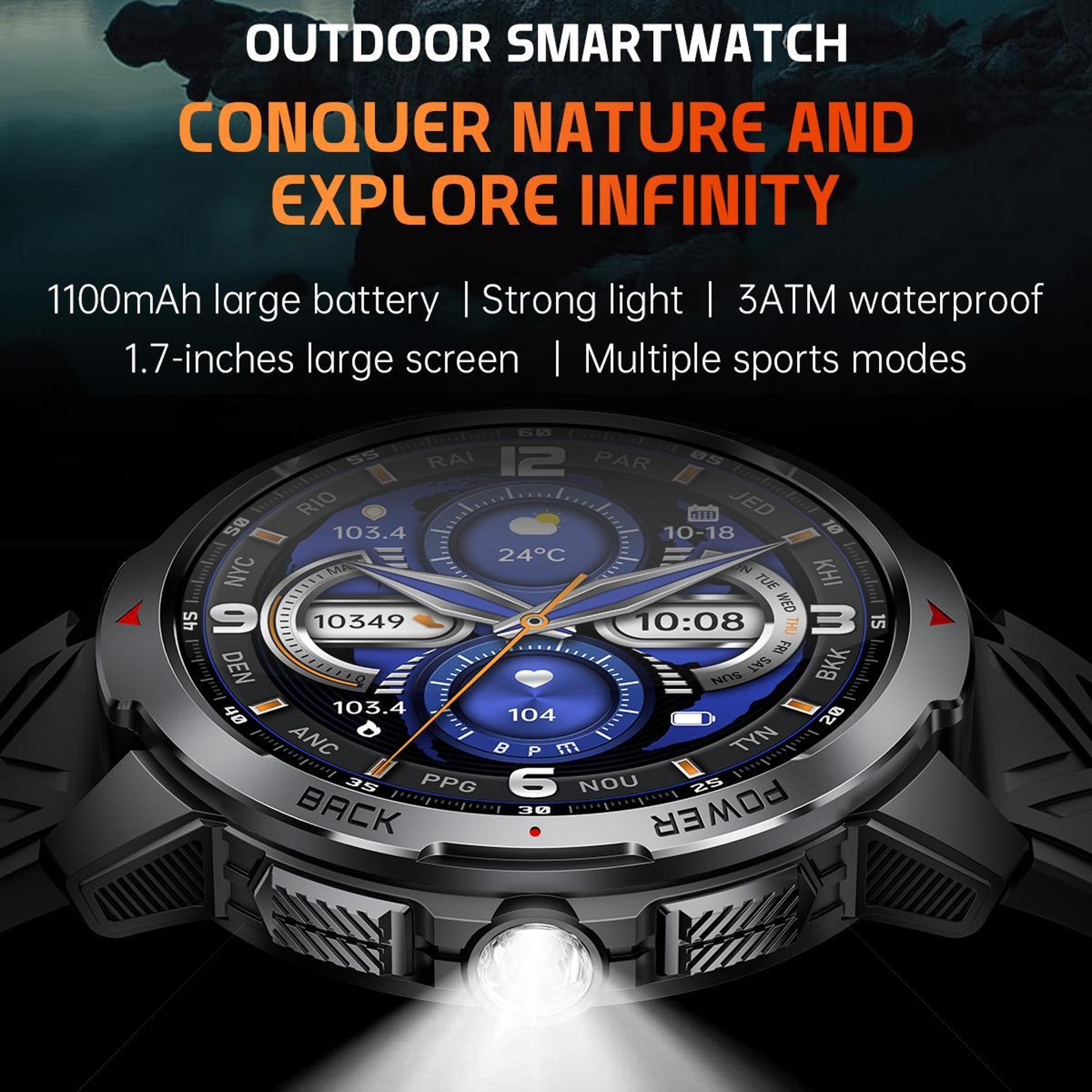 KT88 Outdoor Smart Watch 17 Inch TFT Display 3ATM Waterproof Fitness Tracker With Flashlight 2