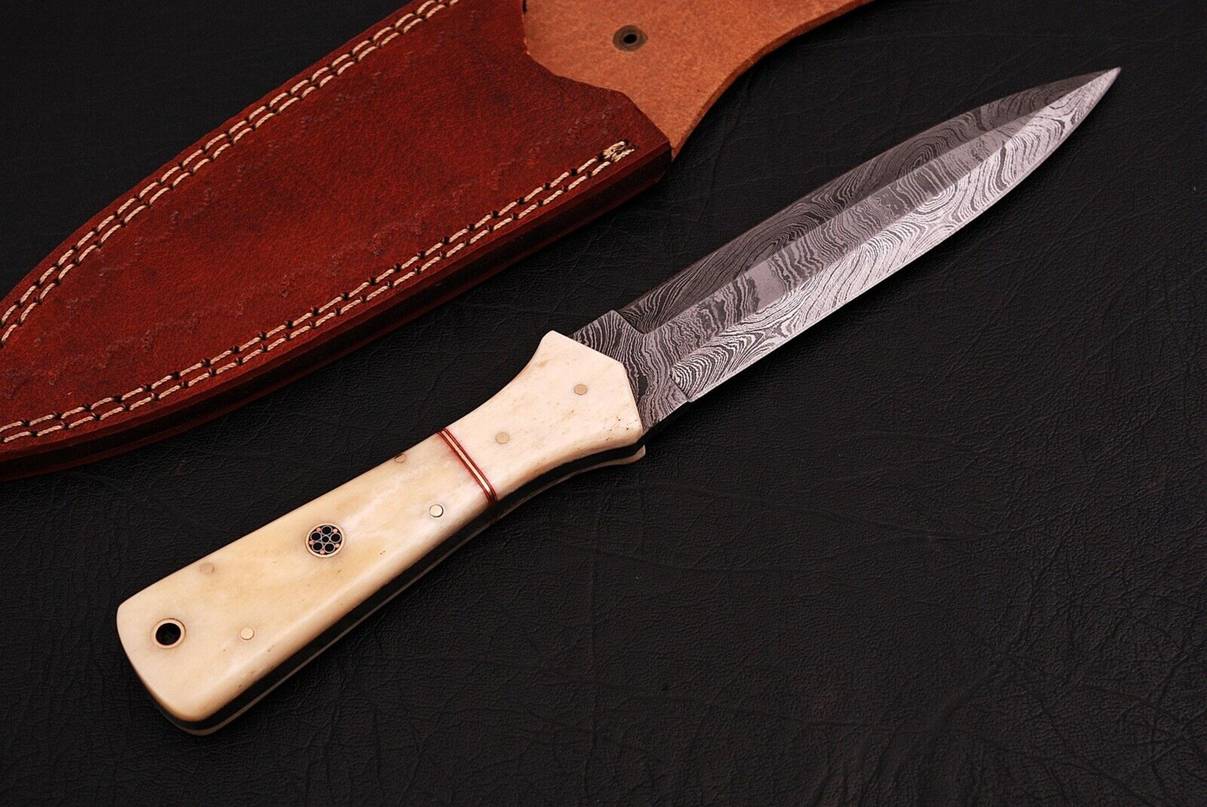 hand forged damascus steel dagger boot throwing knife bone & brass bolster,