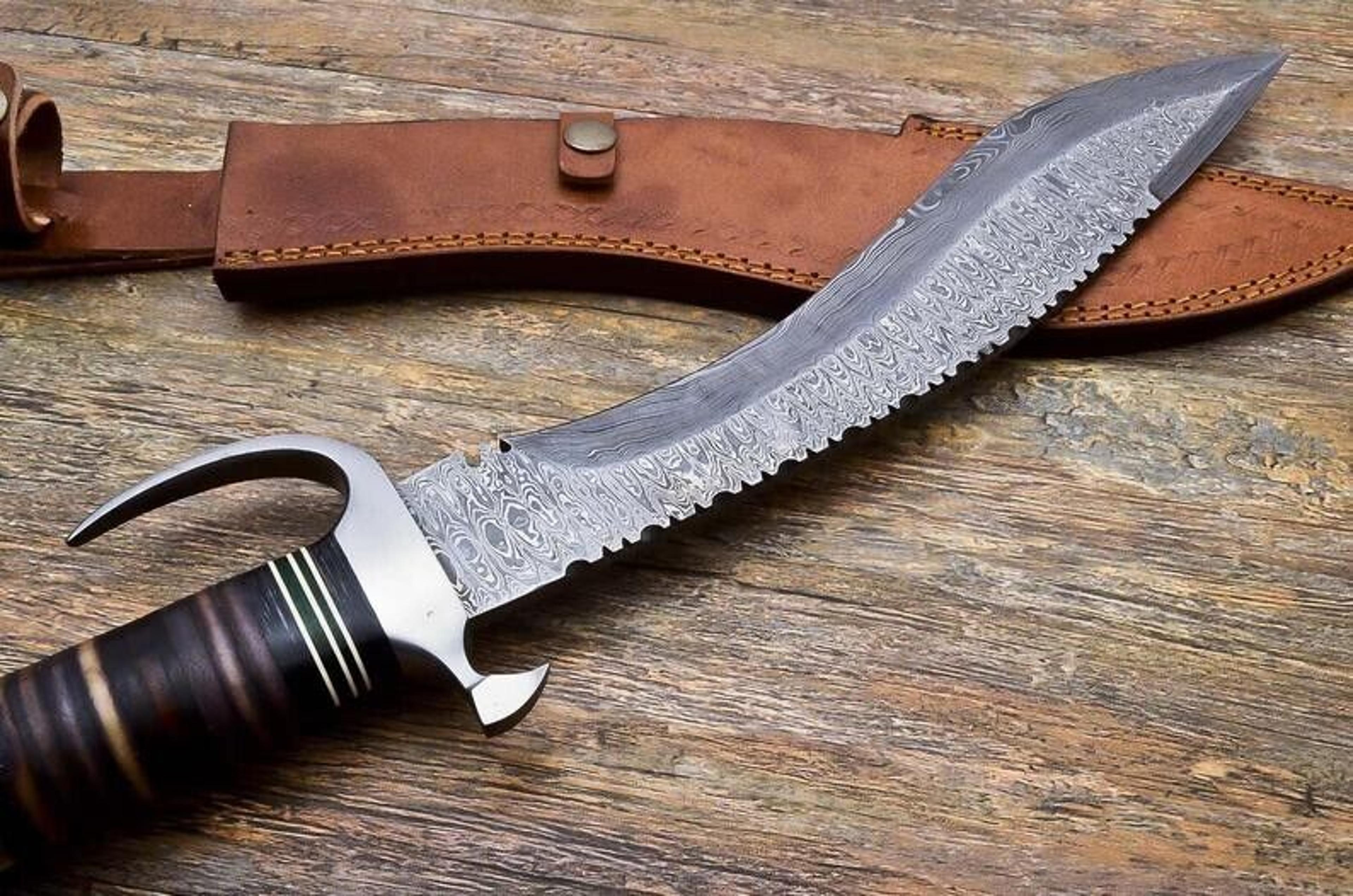 custom handmade damascus steel kukri hunting knife with leather sheath,