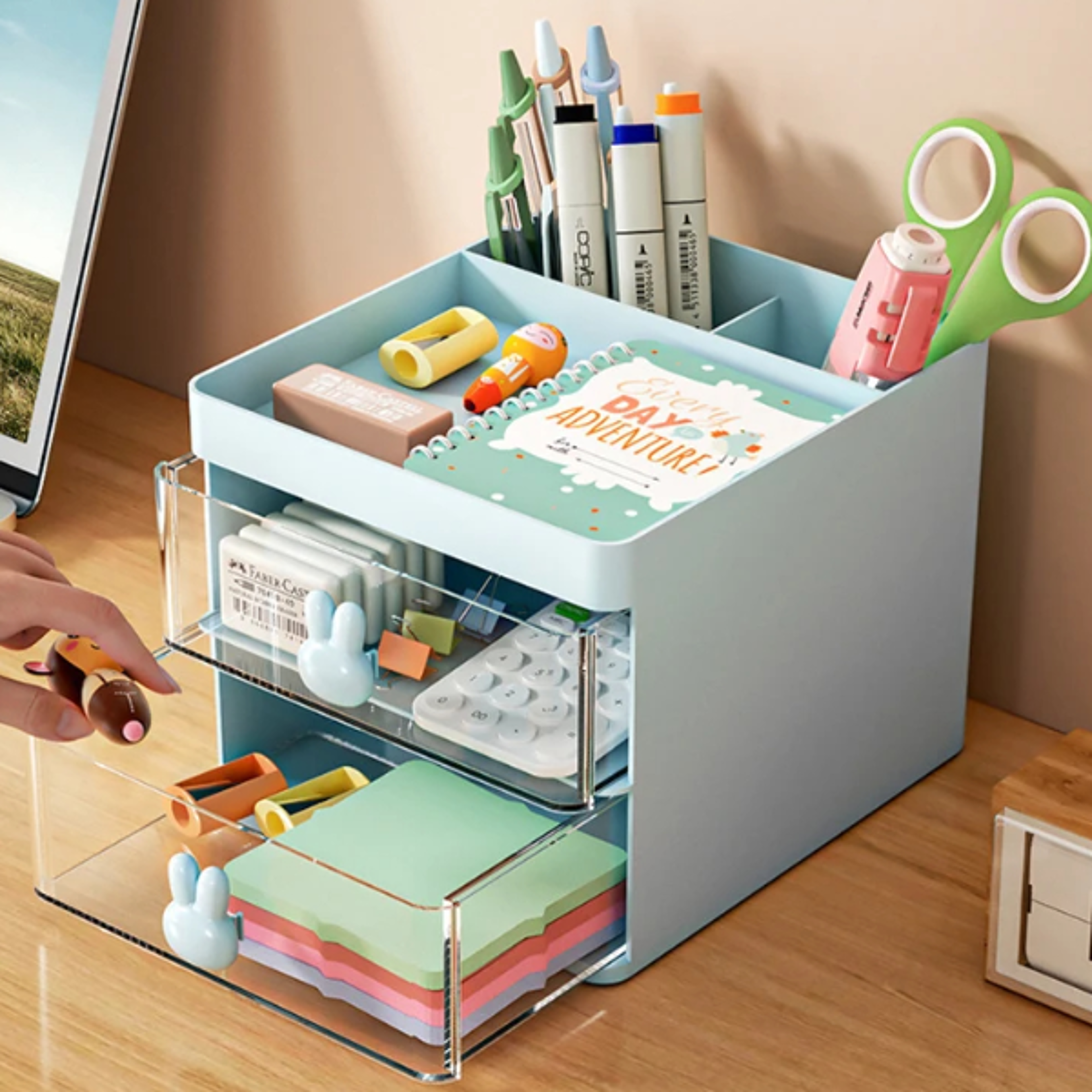 office desktop storage box, small desk organizer with drawer, makeup organizer for business cards, pens, mobile phone