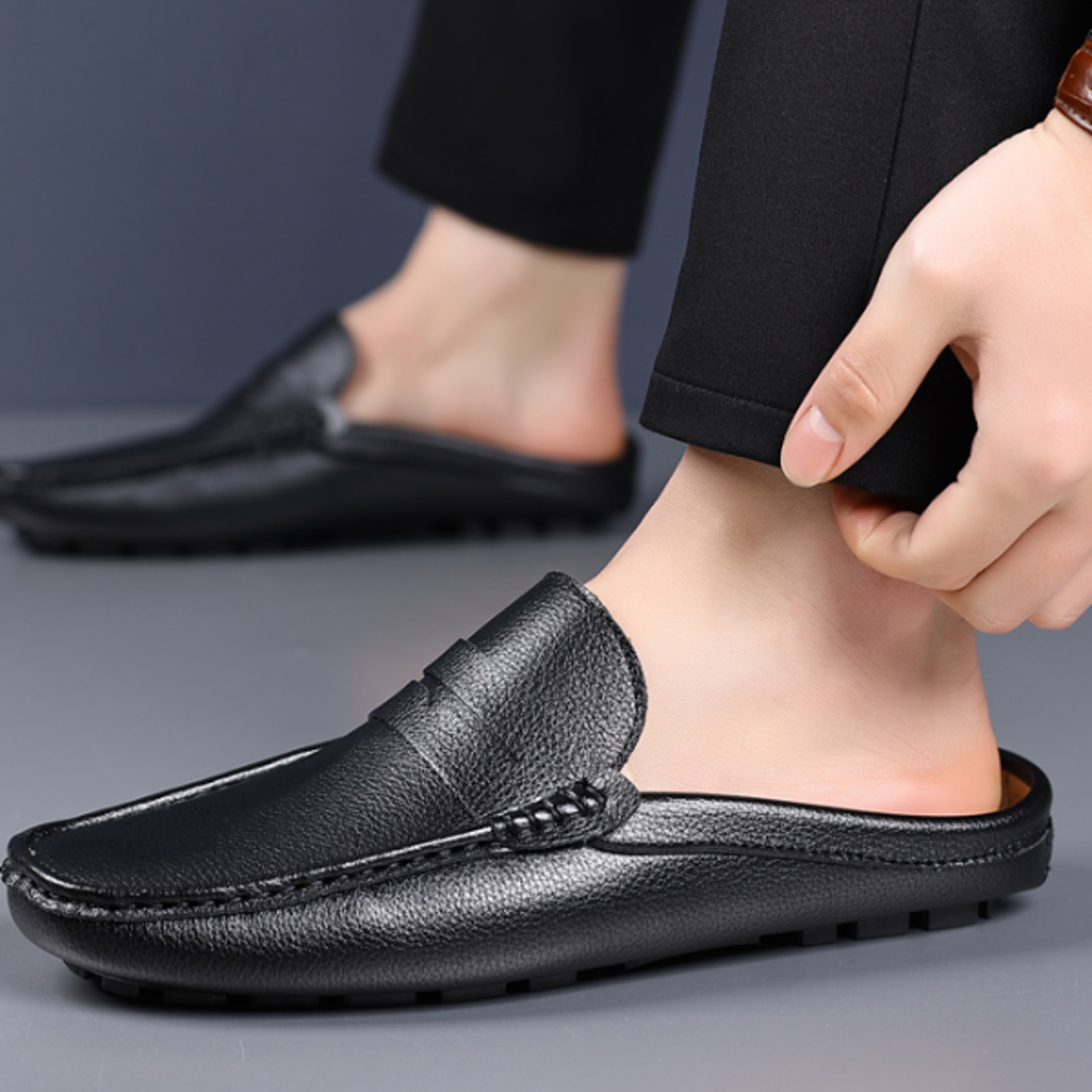 breathable casual leather slippers for men, summer slip-on loafers, comfy half shoes