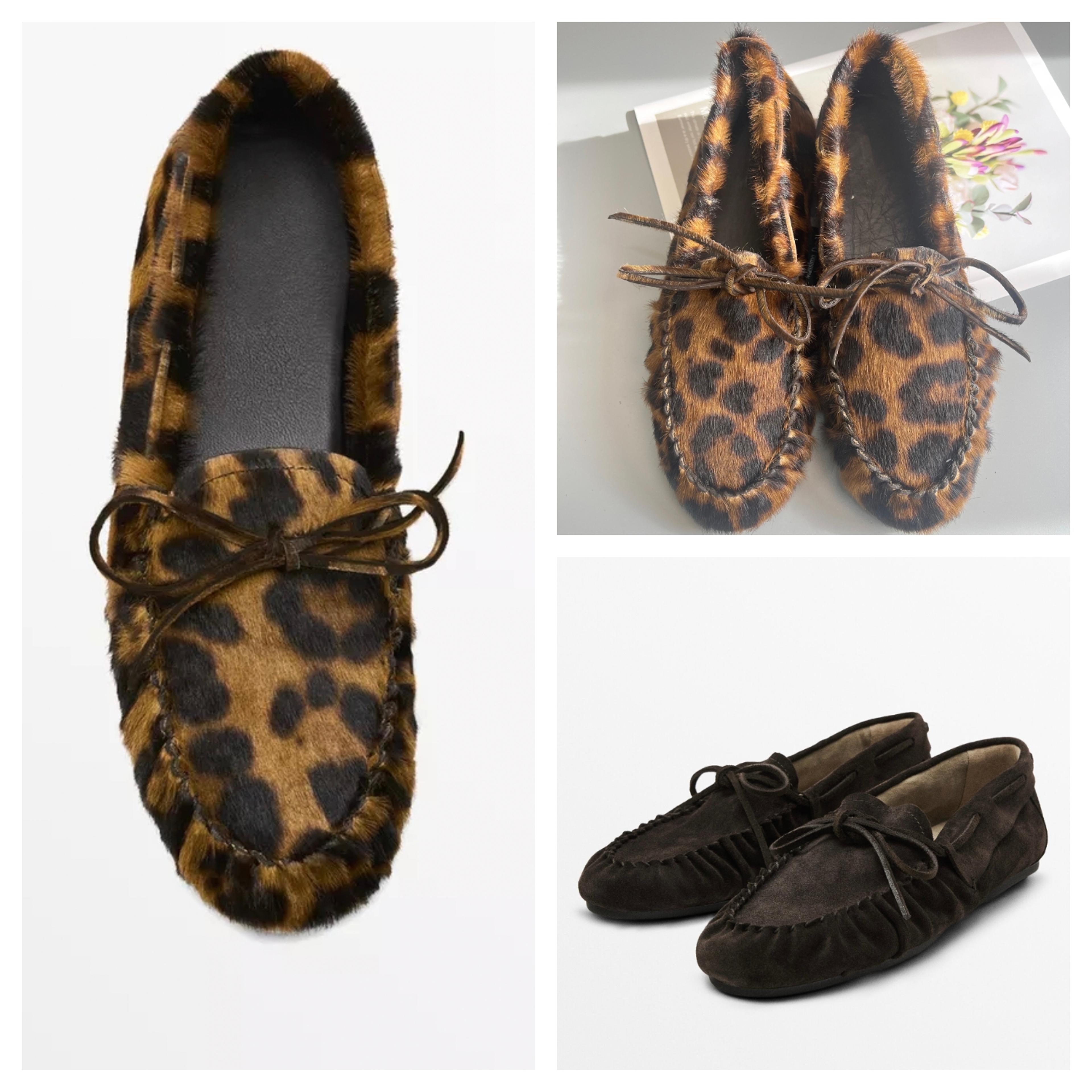 durable loafer shoes for women, cowhide laced up, pleated horse hair leopard print loafers