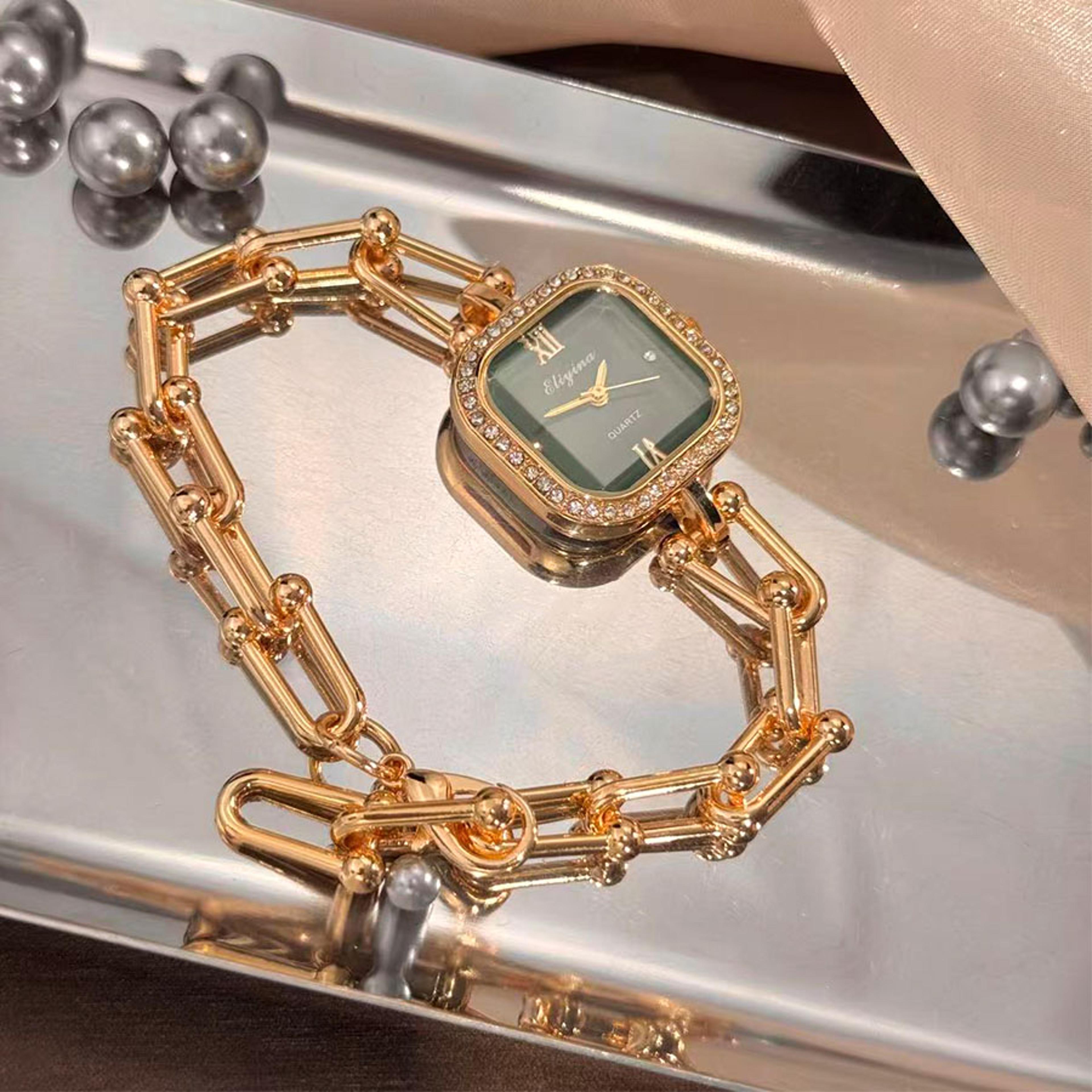 creative square glass bracelet watch, luxury minimalist quartz chain design