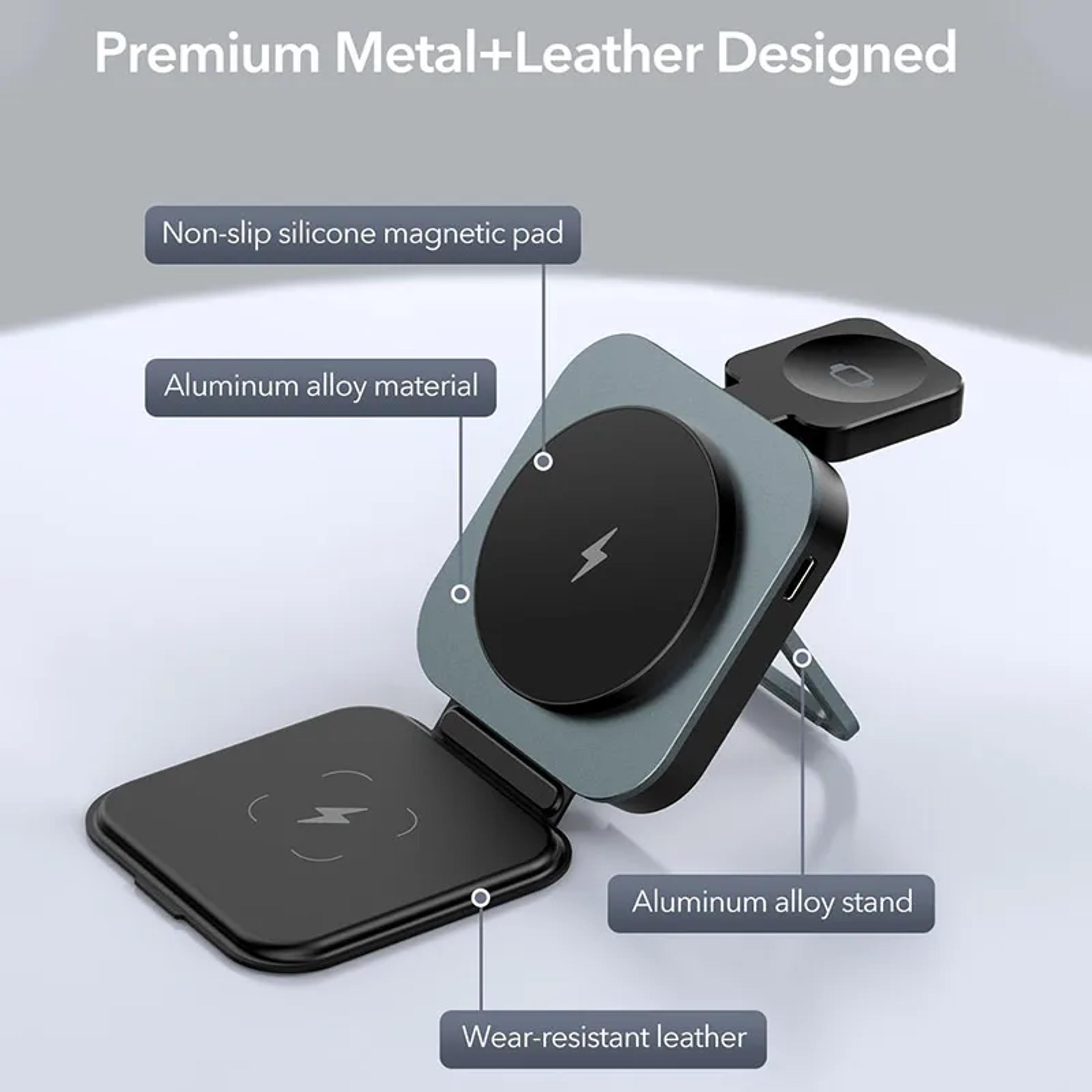 magnetic wireless charger pad, 3 in 1 foldable fast charging stand for iphone iwatch airpods