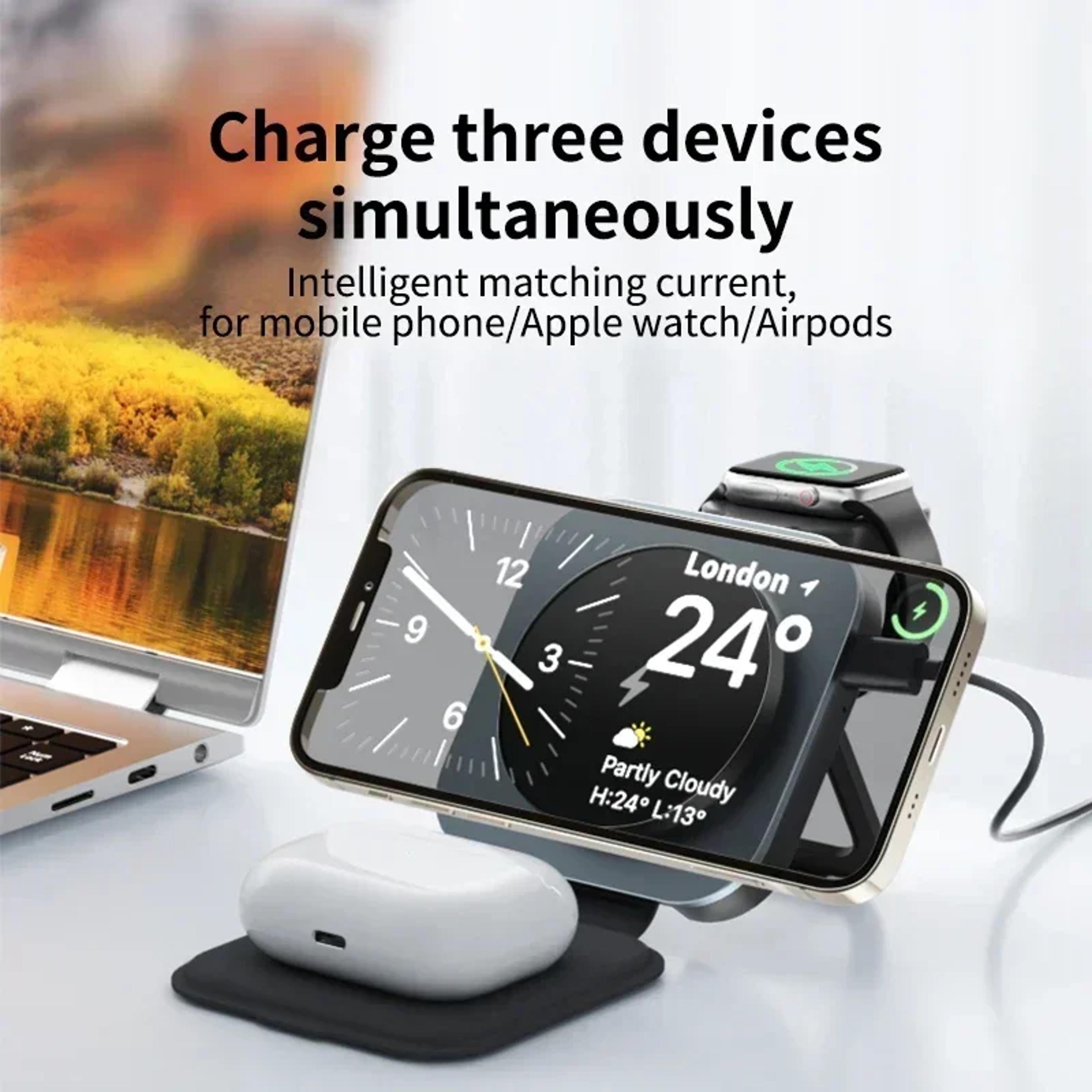Magnetic Wireless Charger Pad 3 In 1 Foldable Fast Charging Stand For IPhone IWatch AirPods 2
