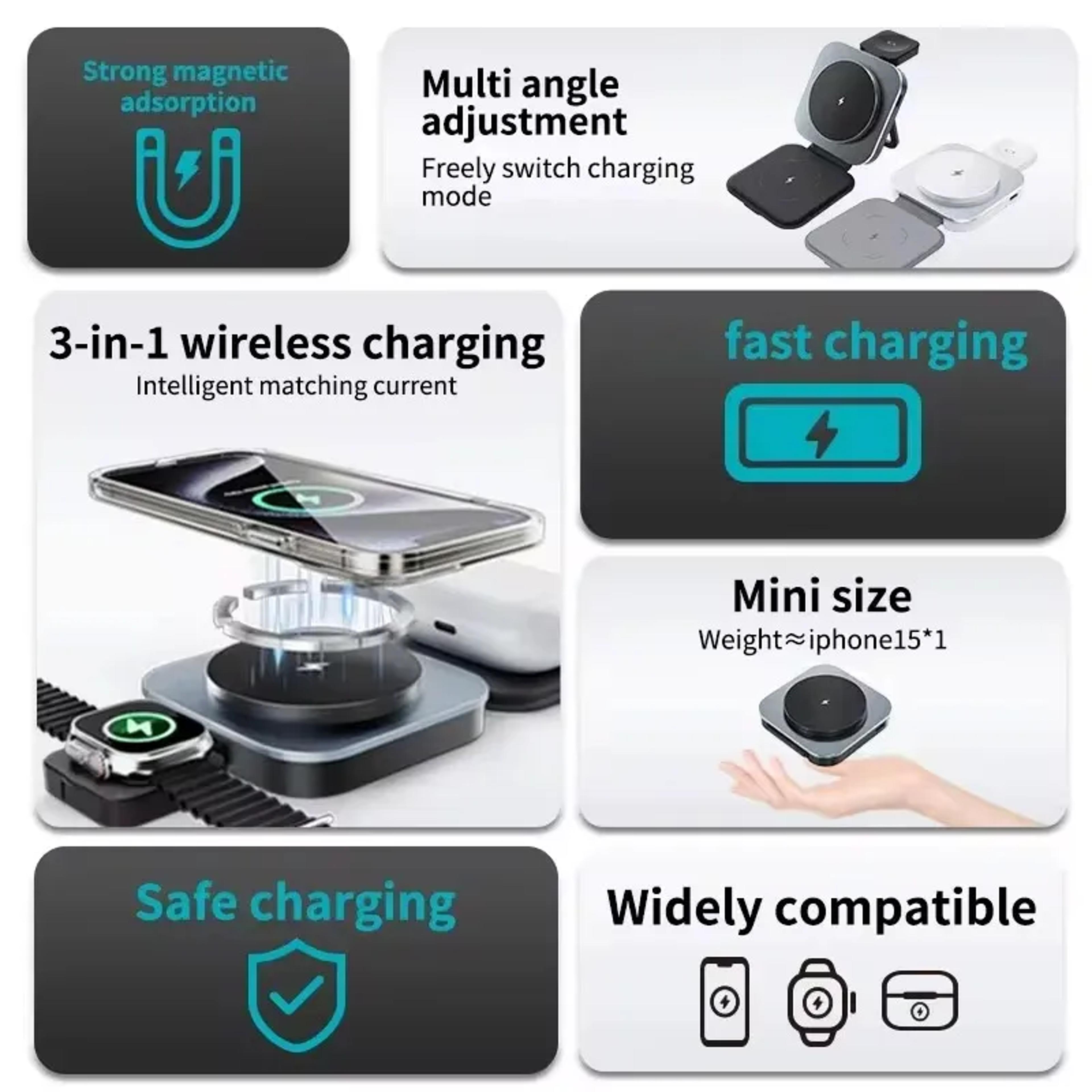 Magnetic Wireless Charger Pad 3 In 1 Foldable Fast Charging Stand For IPhone IWatch AirPods 3