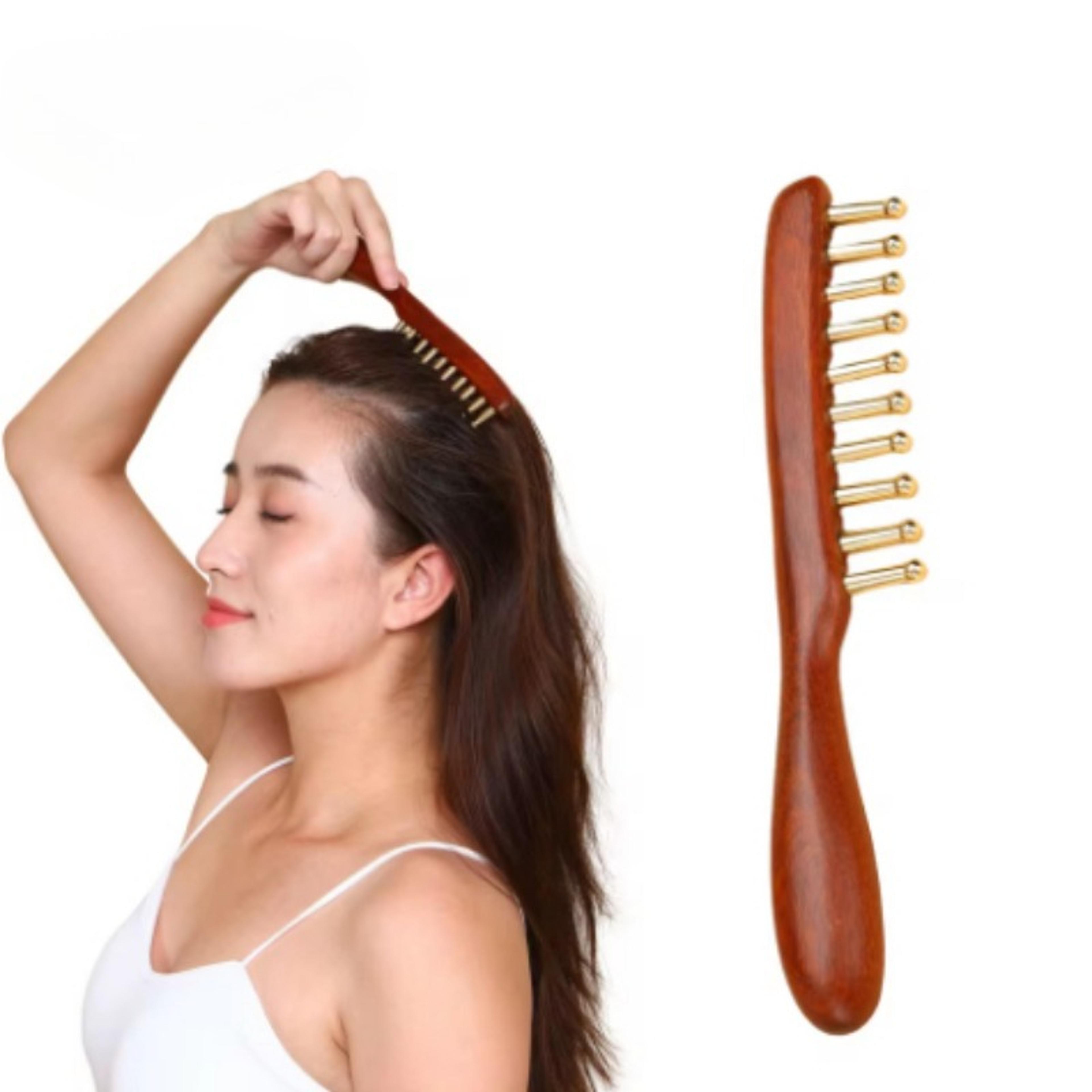 head meridian treatment comb, 10 tooth copper wood massage comb for relaxation