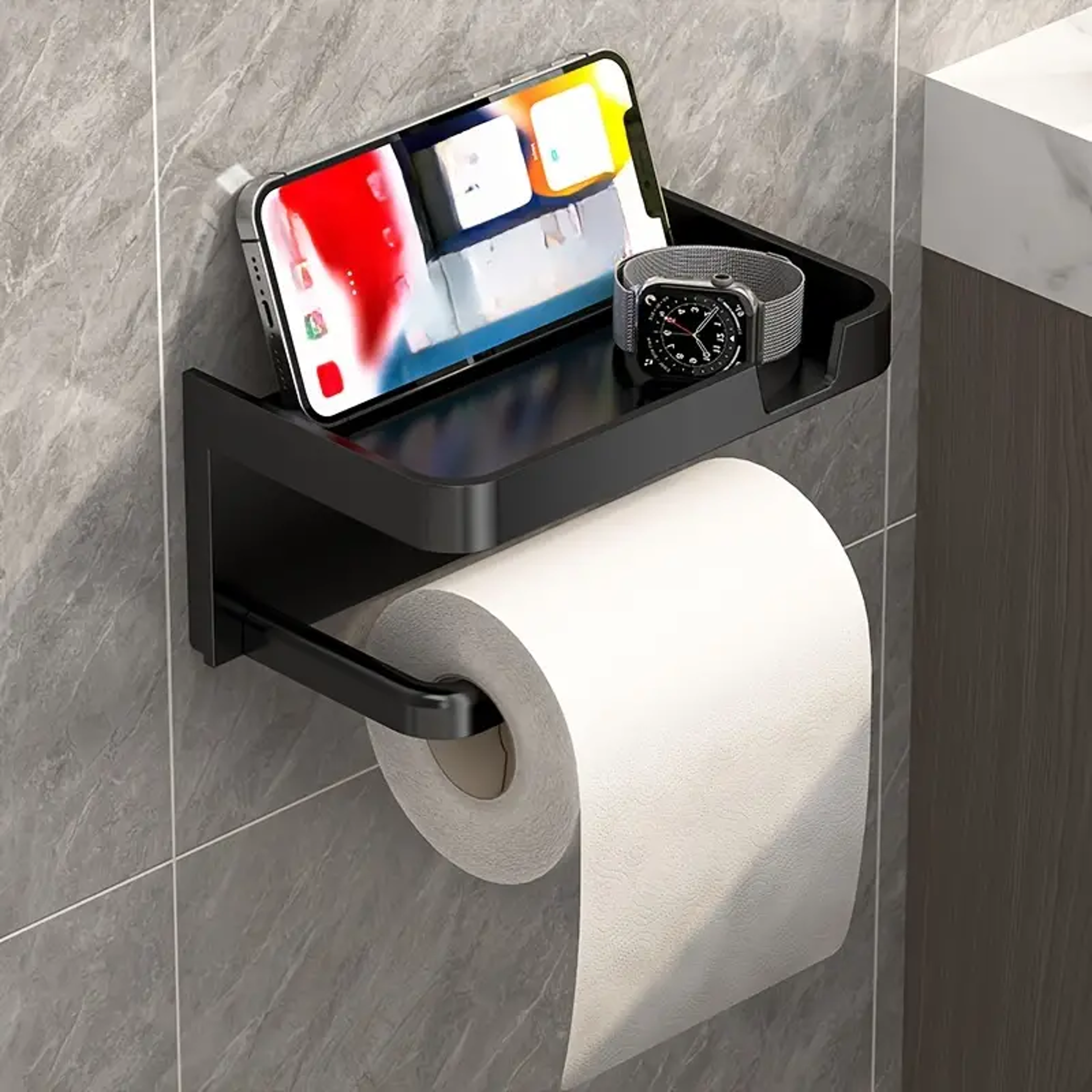 WallMounted Toilet Paper Holder With Phone Shelf No Drill Polypropylene Bathroom Organizer 6