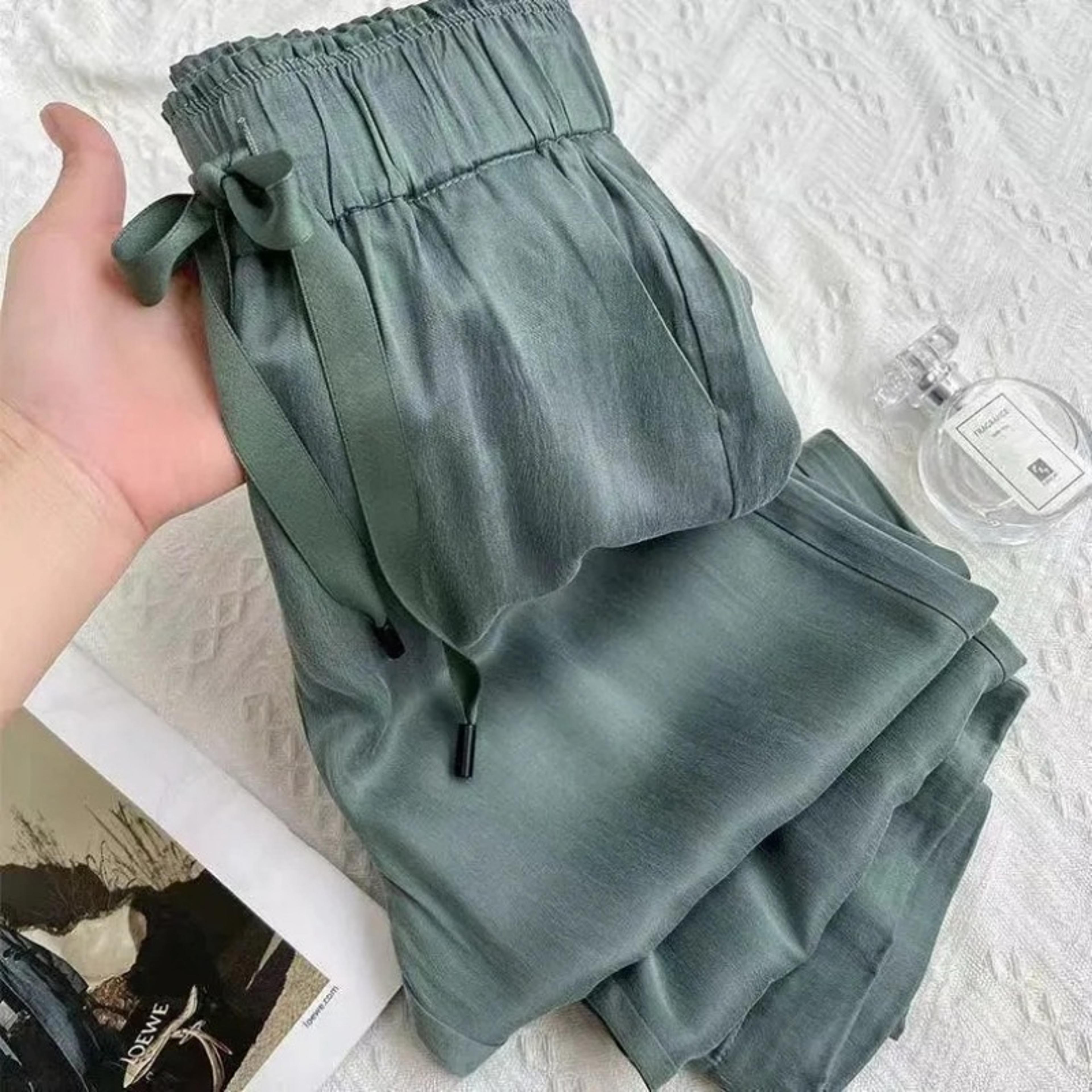 silky wide leg pants for women, high waist satin casual trousers