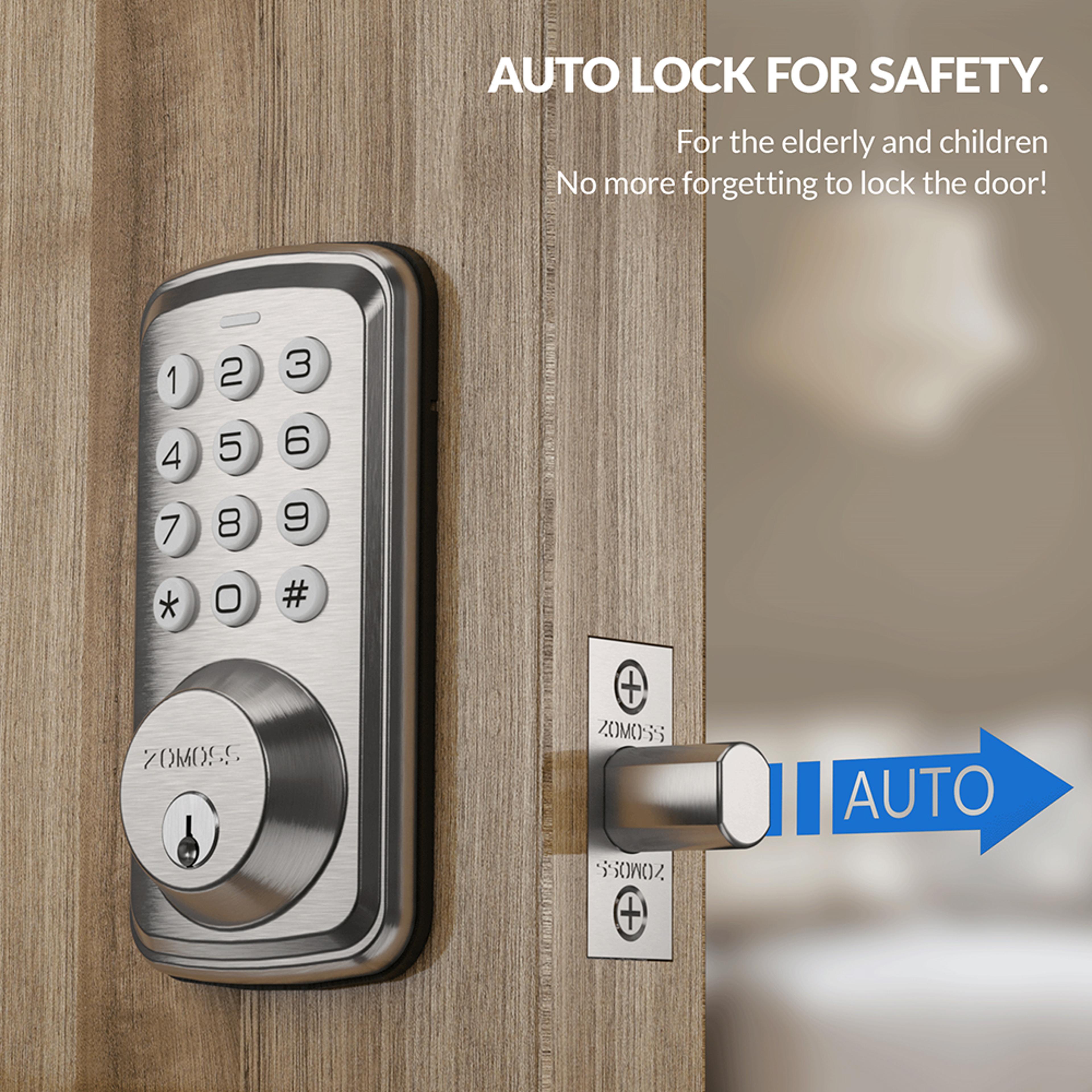 smart keypad door lock, digital keyless entry with anti-peeking password, auto lock, and easy installation