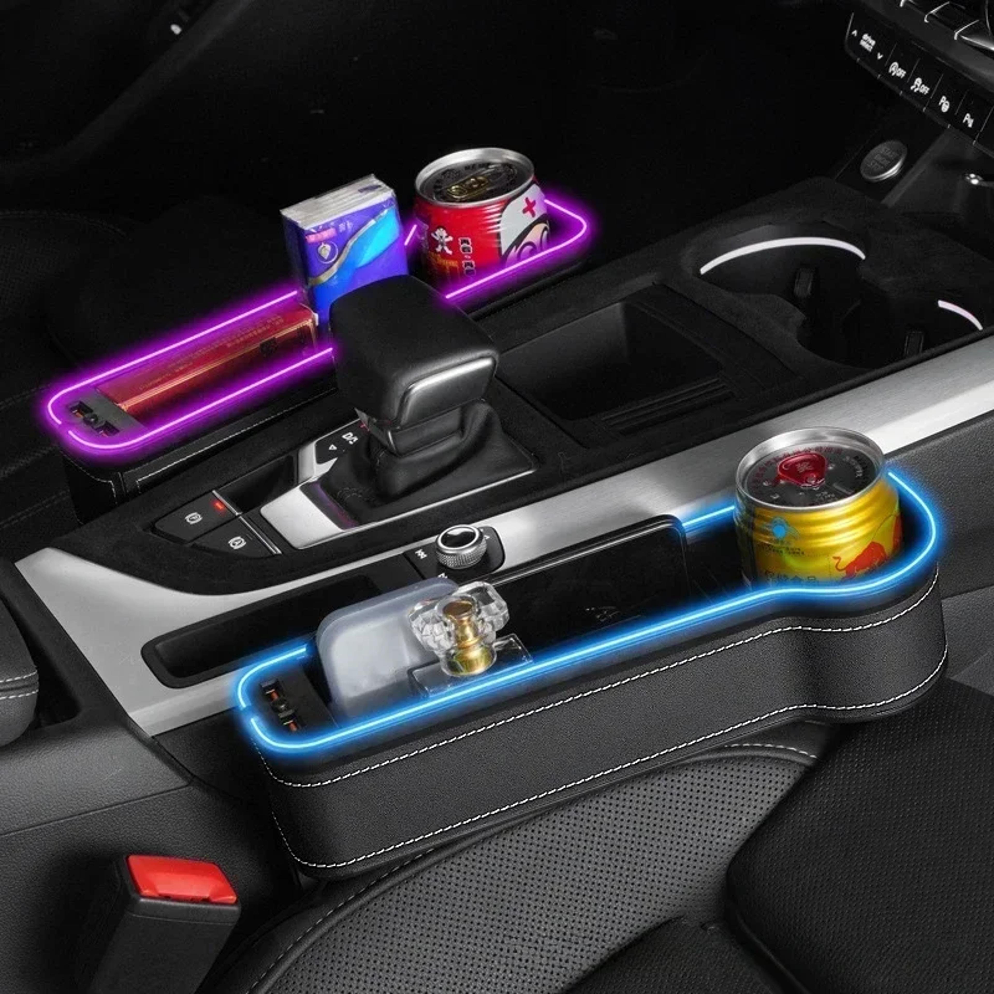 car crevice storage box with usb charger & led light, seat gap organizer for phone, cards, bottles, and cups