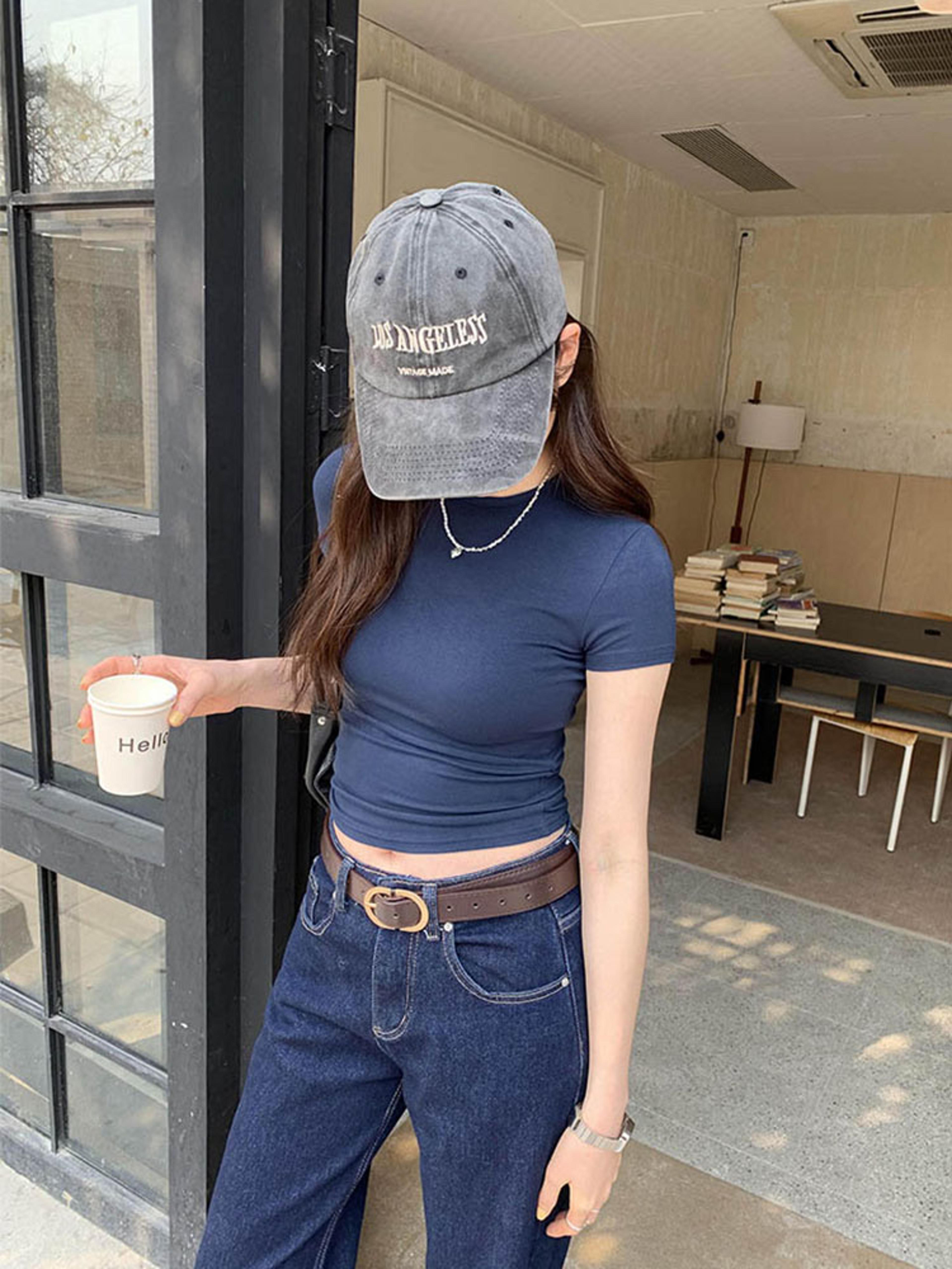 Basic Solid Crop Top Tshirt For Women Vintage Crewneck Casual Tee Streetwear For Summer 2