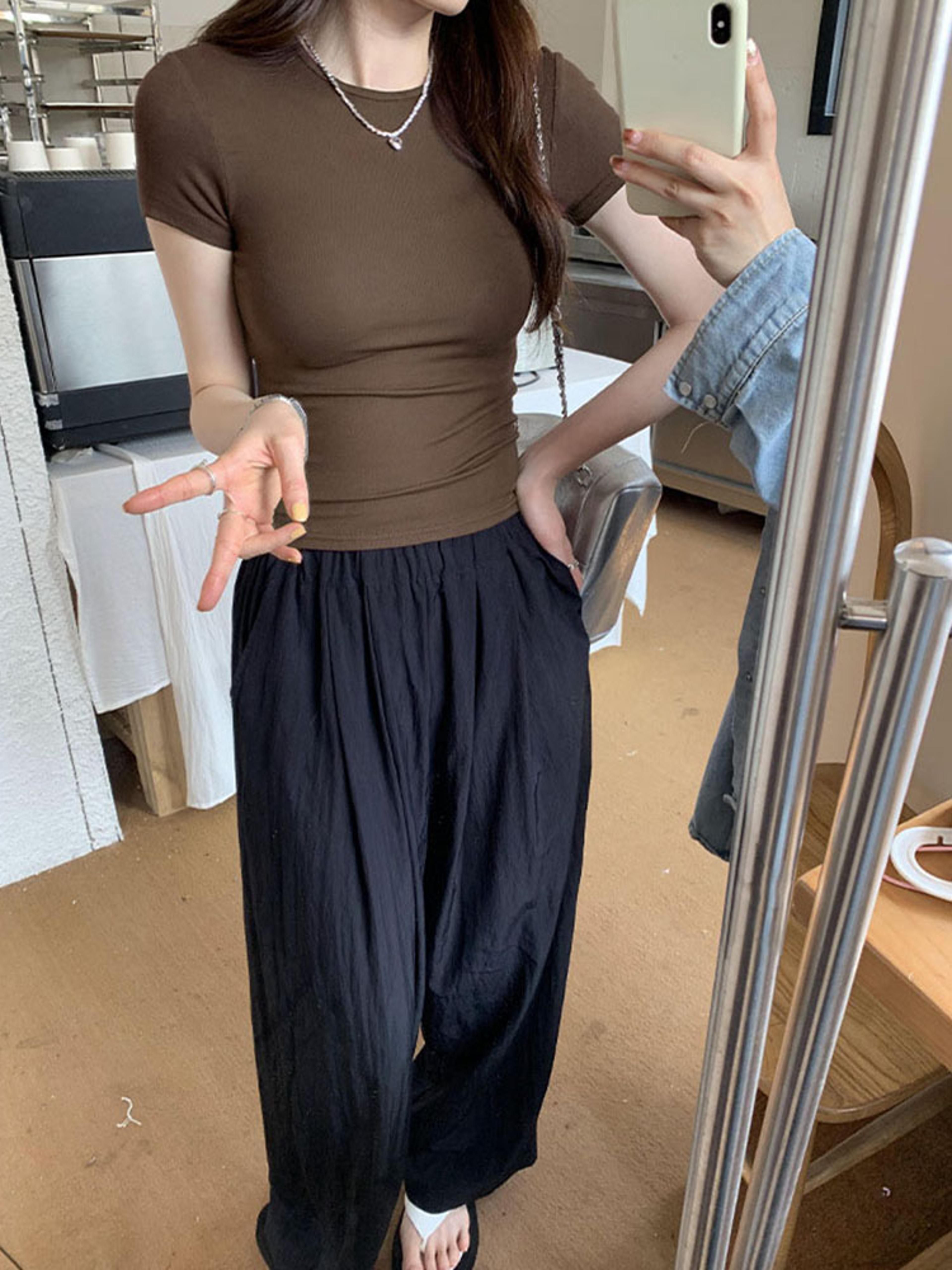 Basic Solid Crop Top Tshirt For Women Vintage Crewneck Casual Tee Streetwear For Summer 3