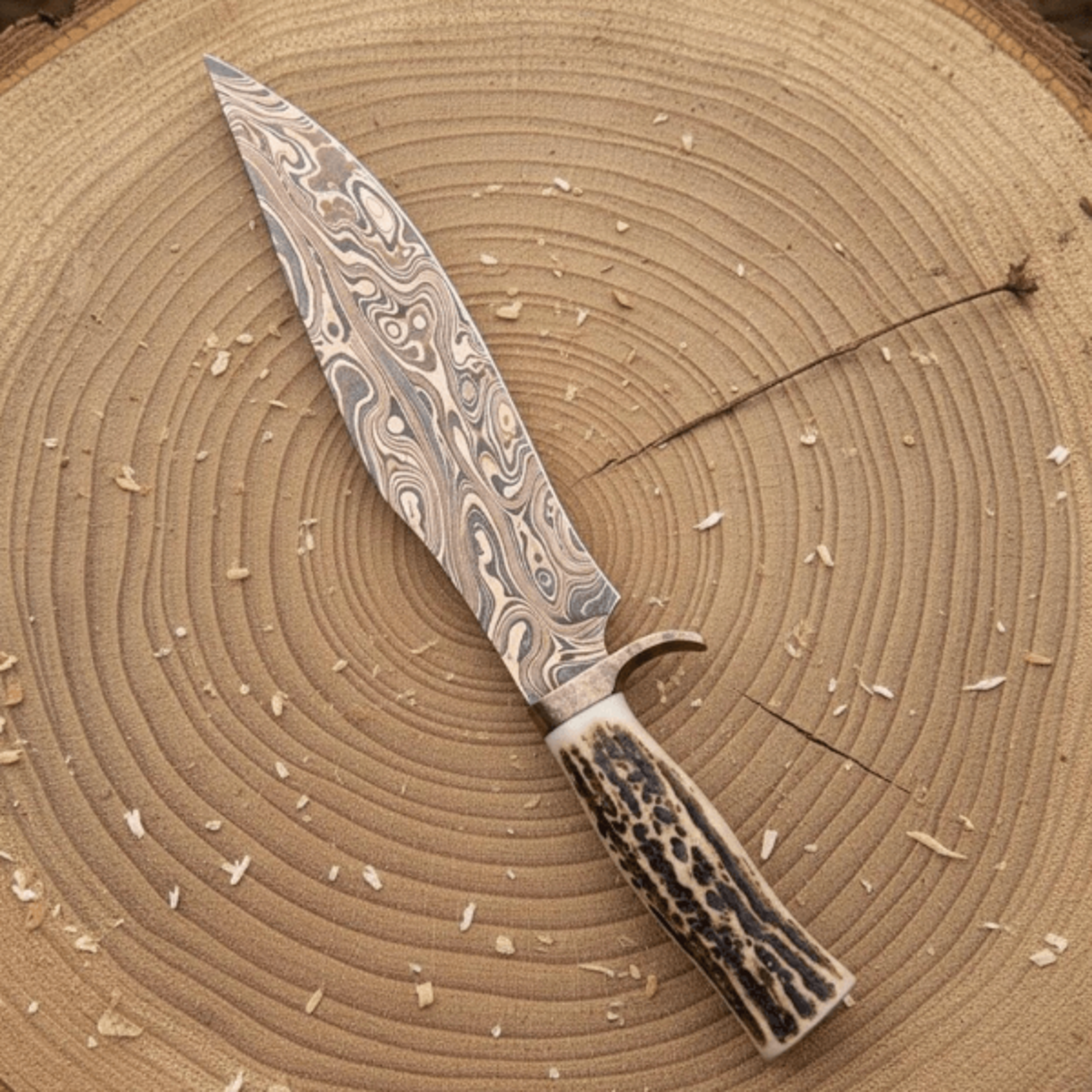 copper damascus hunting bowie knife | genuine stag handle & brass bolster | handmade camping knife | father gift