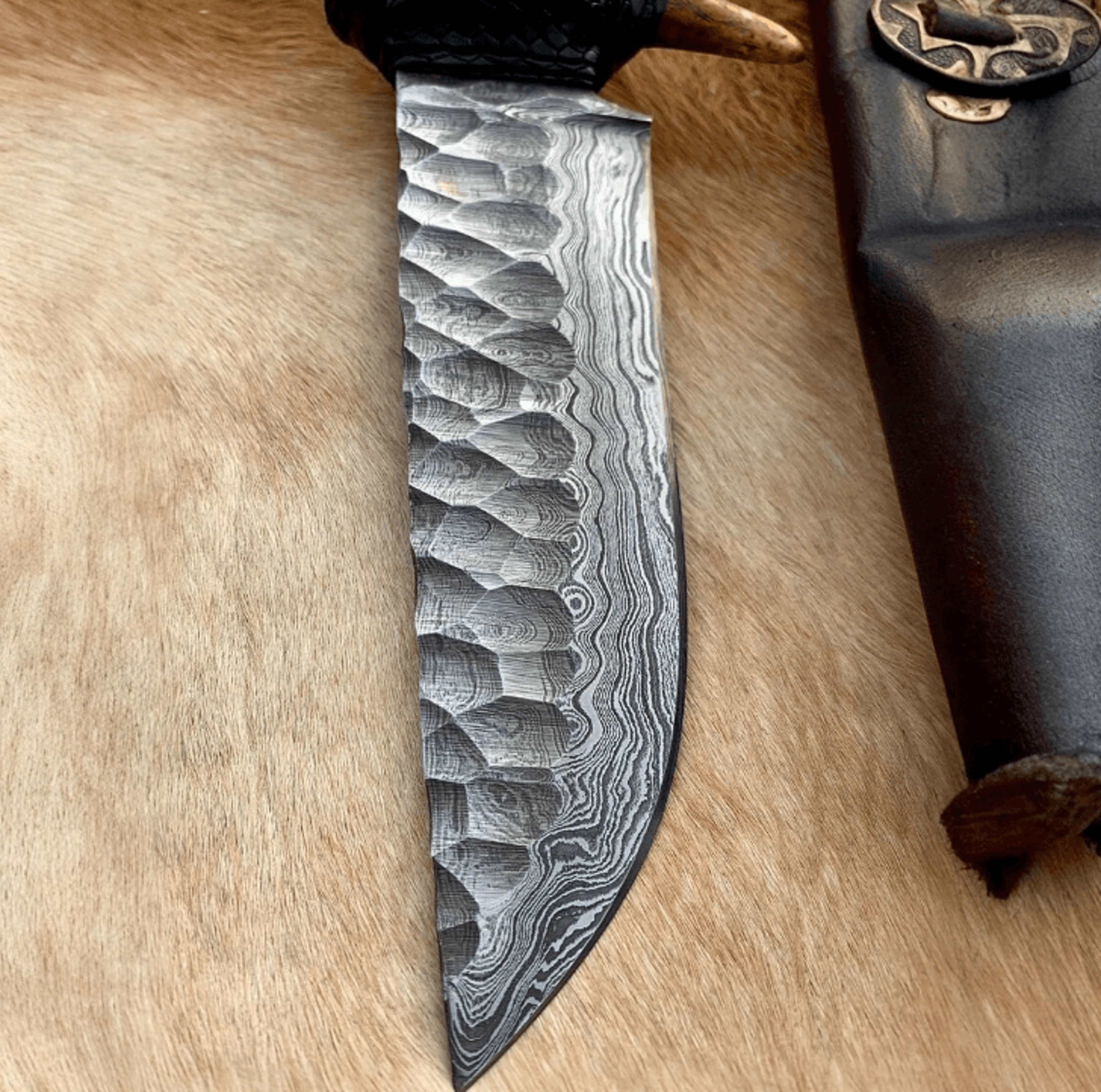 buynow 6 inch damascus hunting knife leather sheath