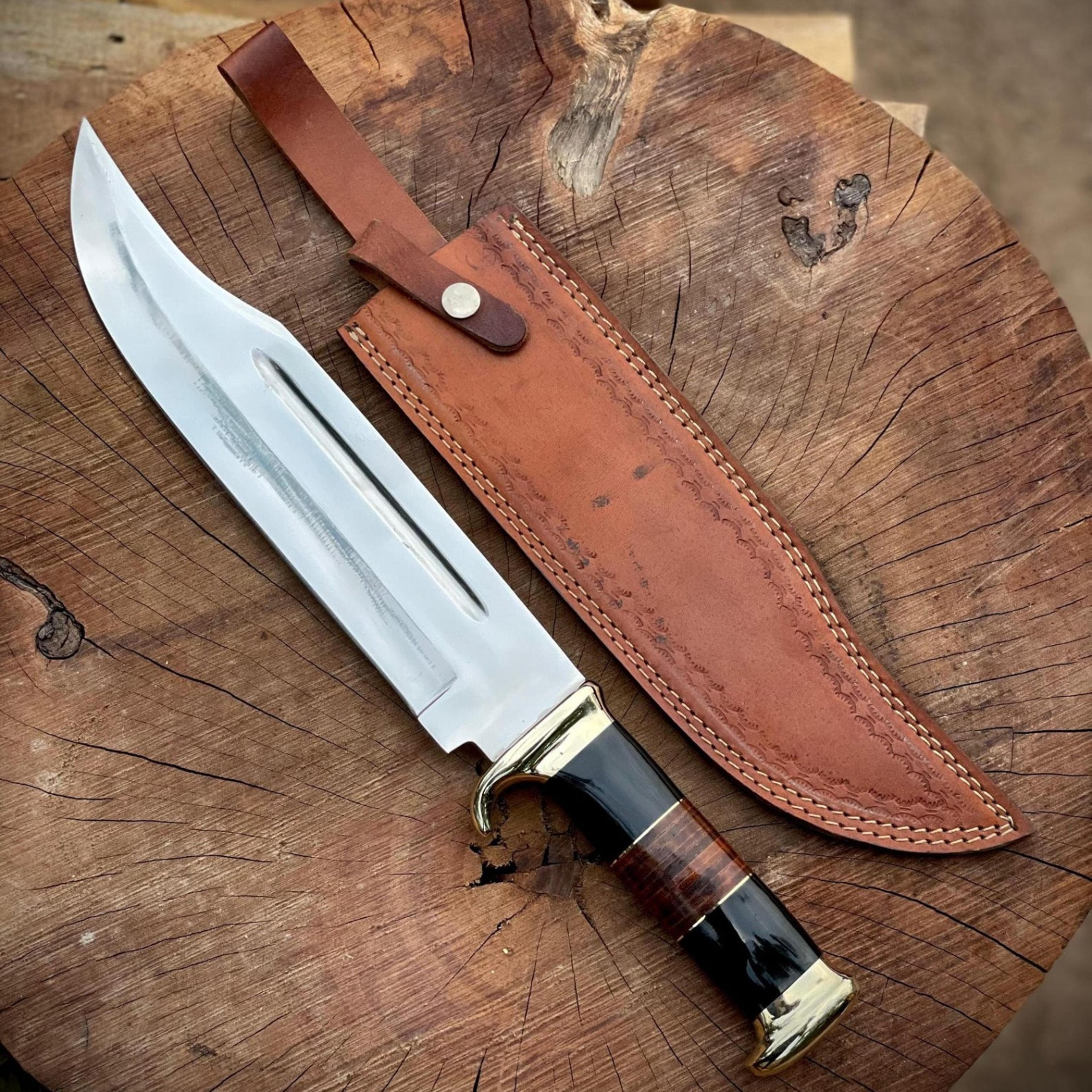 handmade bowie knife with polished steel clip-point blade, horn & wood handle and leather sheath – western collector kni