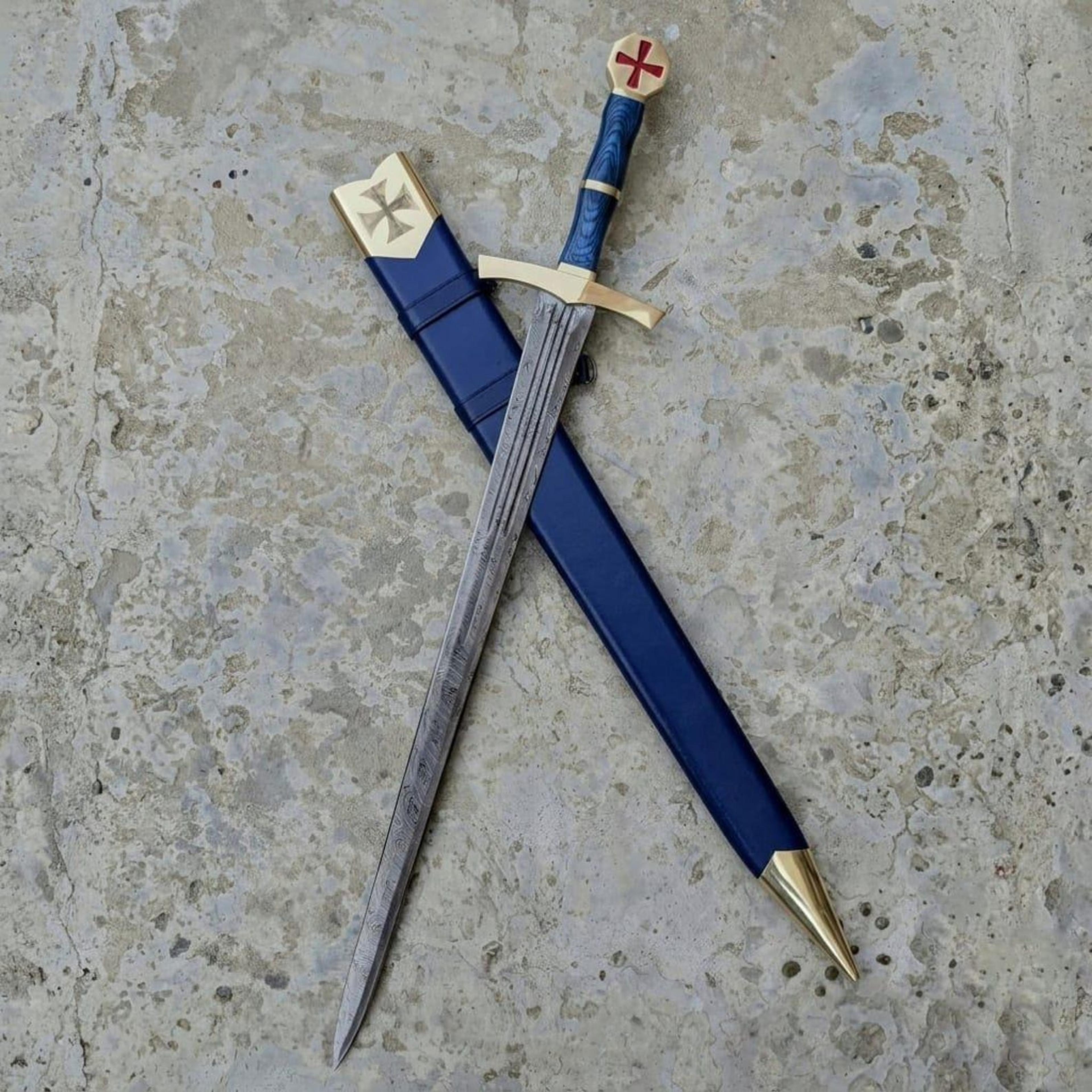 templar knight sword replica, medieval crusader longsword with blue scabbard, history decor, knight gift for him