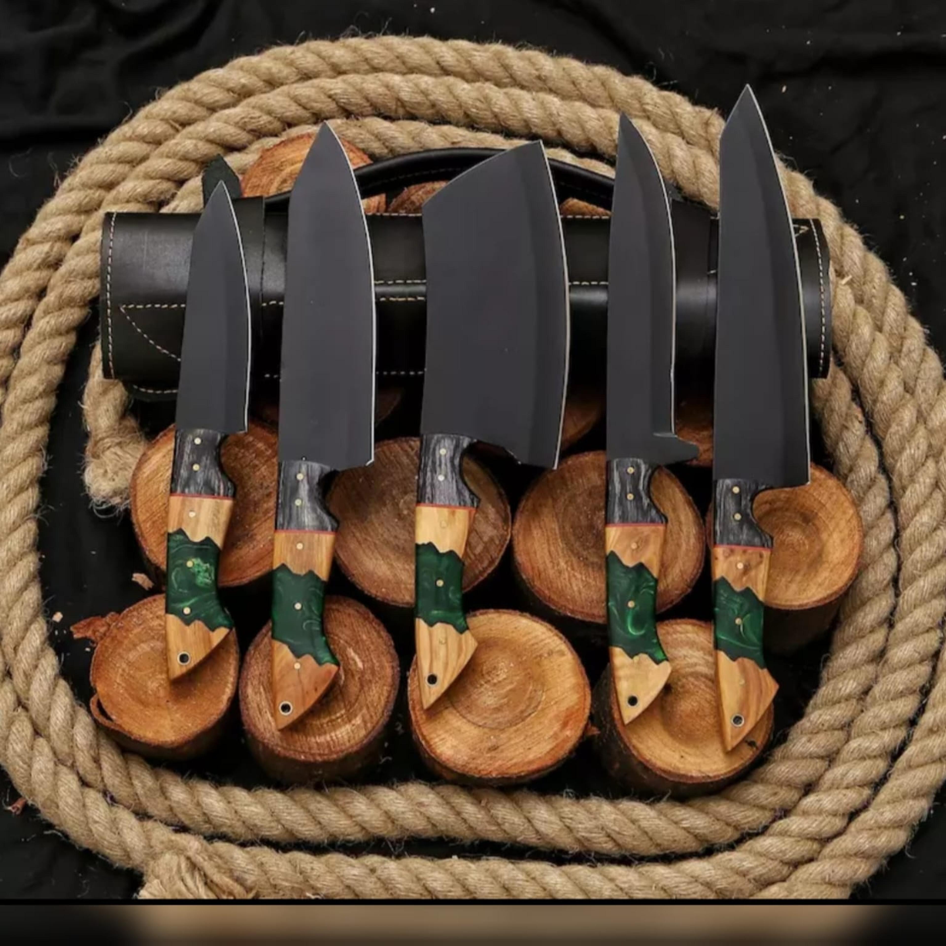 custom handmade carbon steel kitchen/chef knife set / with leather bag