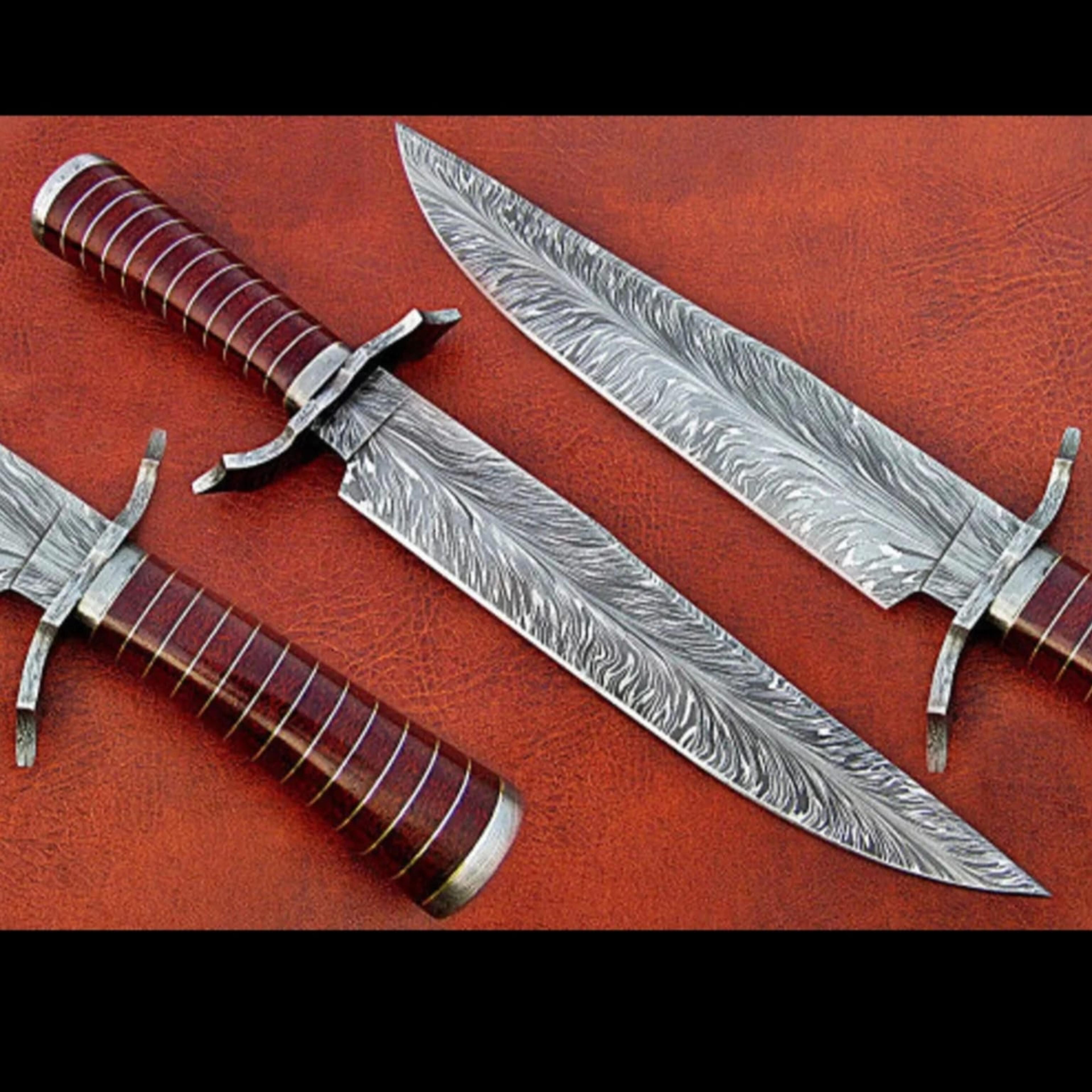 custom handmade damascus steel hunting bowie knife with rose wood with damascus bolster and clip and steel spacers