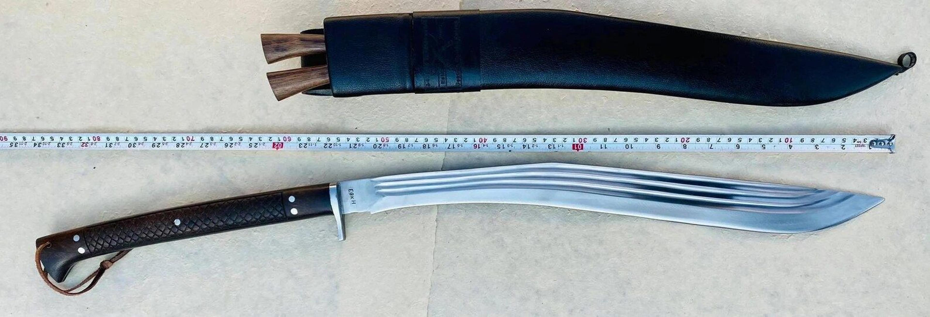 handcrafted full tang high carbon steel kukri machete with textured hardwood handle & leather sheath