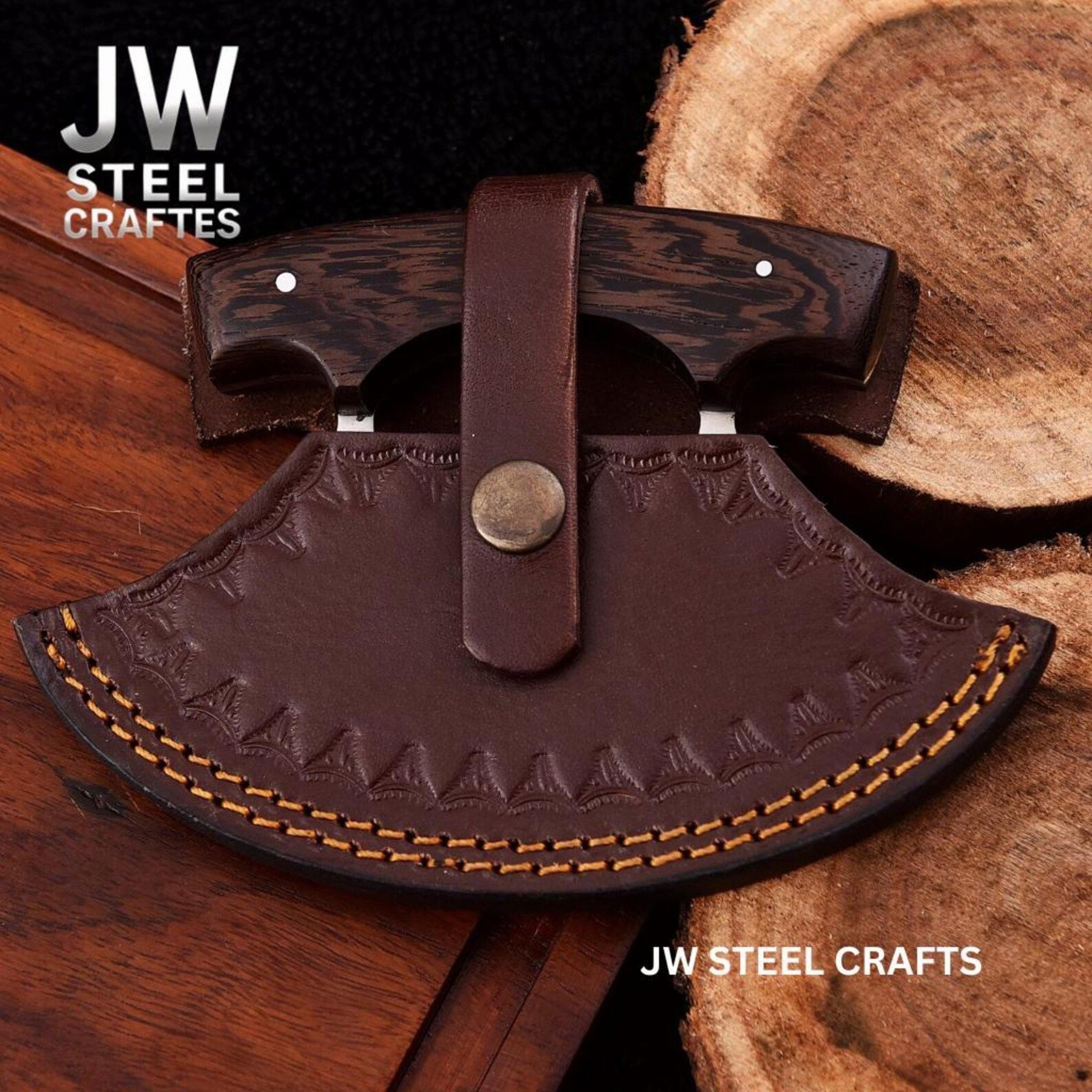 Handcrafted Ulu Style Kitchen Knife With Wenge Wood Handle And Leather Sheath For Smooth Choppi 2