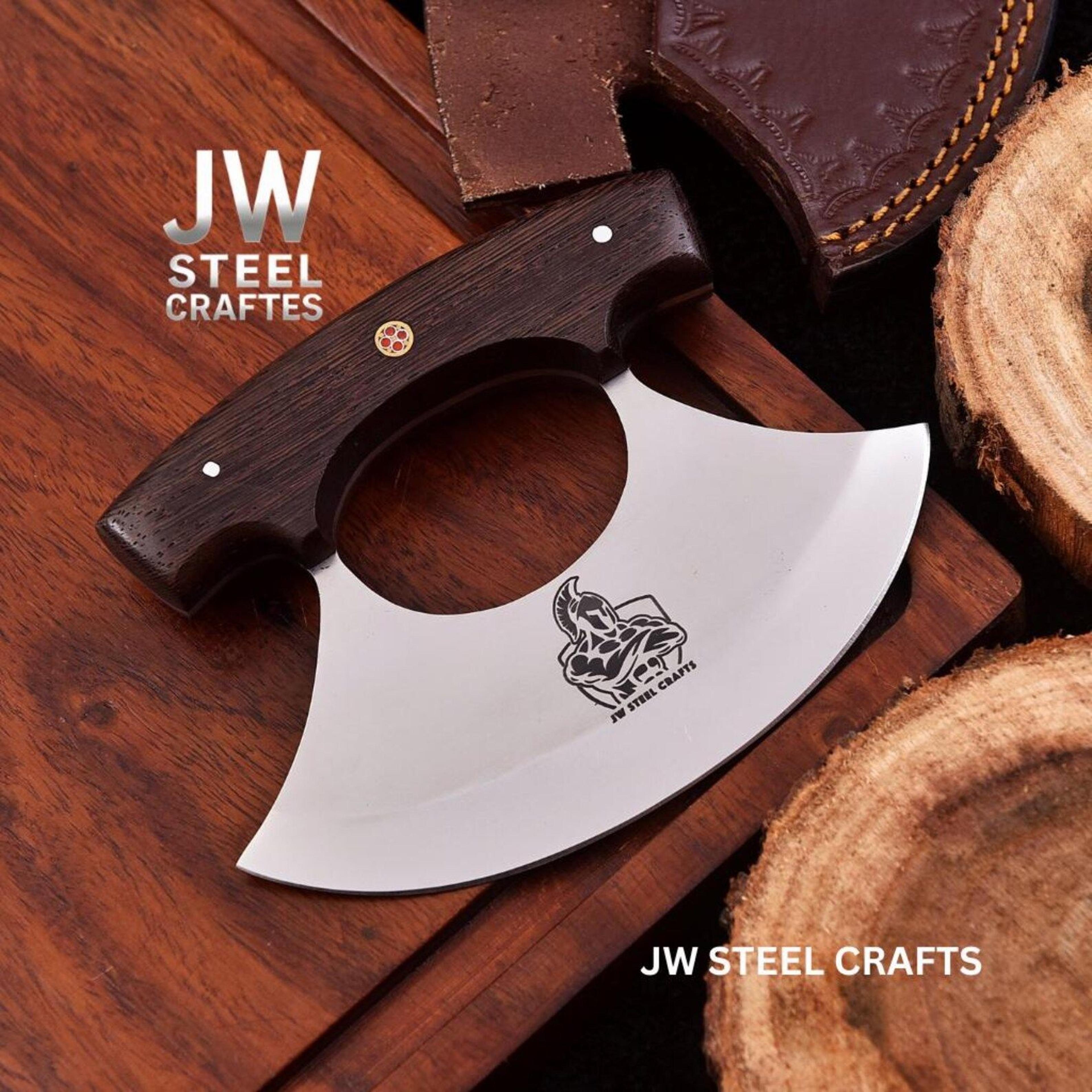 Handcrafted Ulu Style Kitchen Knife With Wenge Wood Handle And Leather Sheath For Smooth Choppi 5