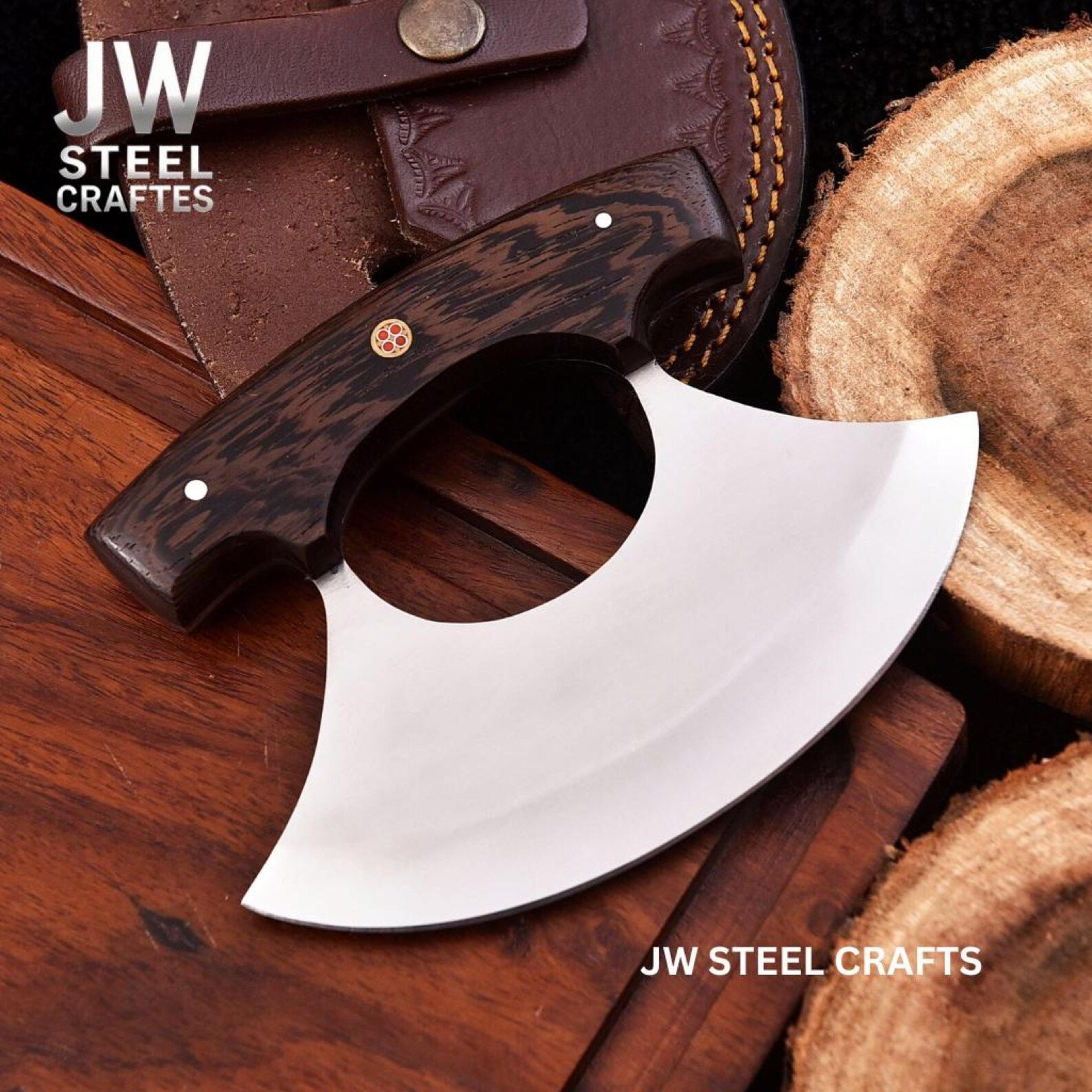 Handcrafted Ulu Style Kitchen Knife With Wenge Wood Handle And Leather Sheath For Smooth Choppi 6