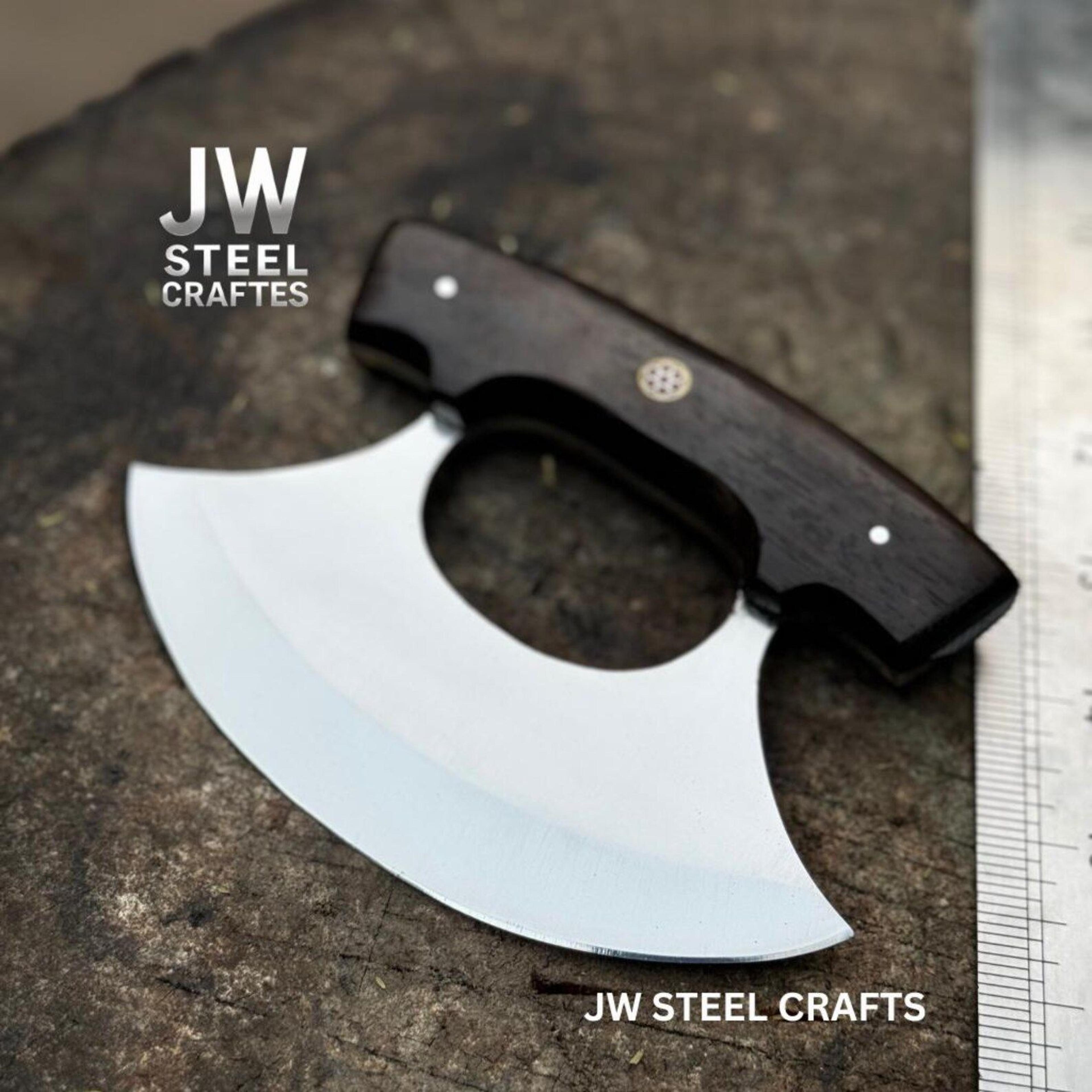 Handcrafted Ulu Style Kitchen Knife With Wenge Wood Handle And Leather Sheath For Smooth Choppi 8