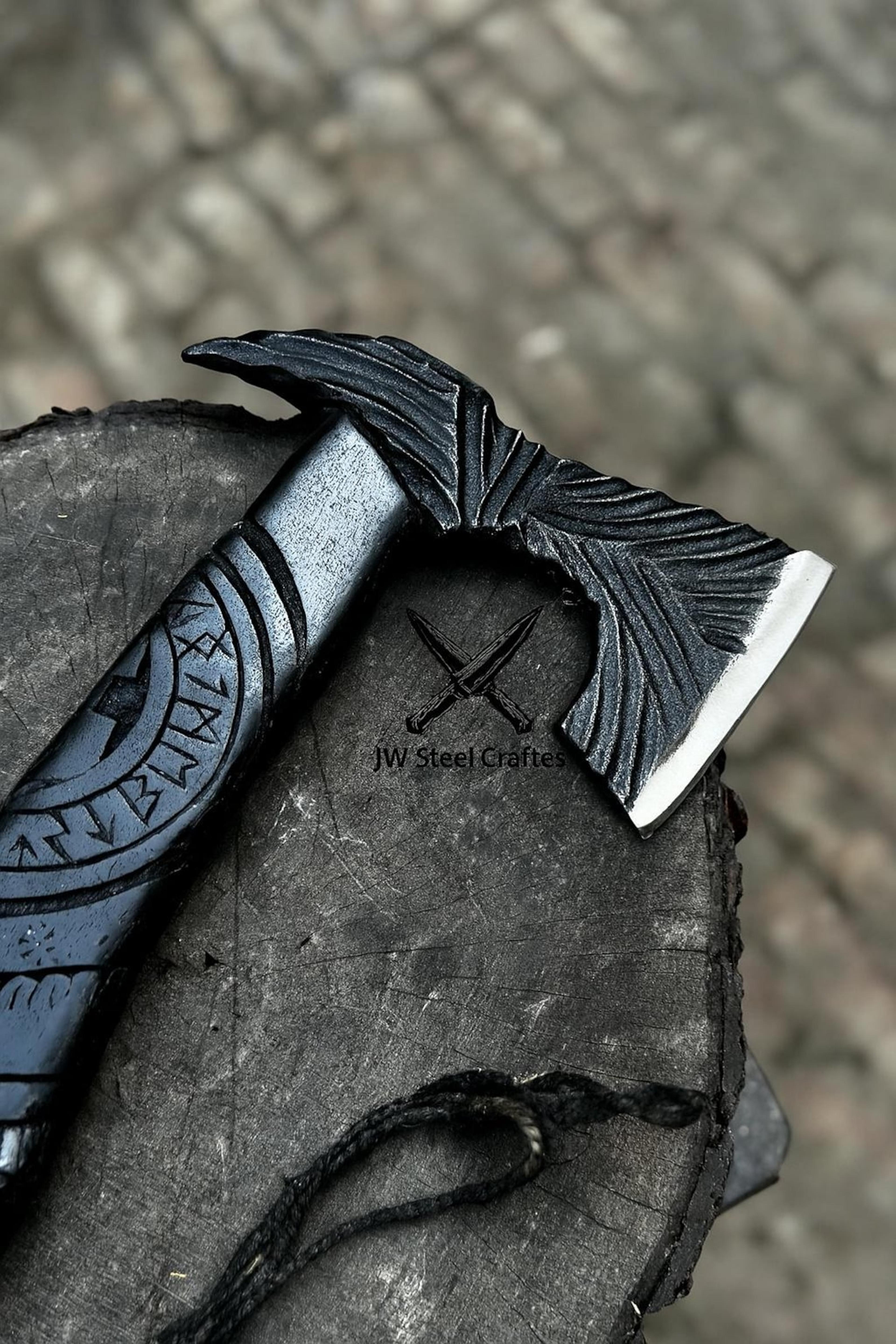Handmade Viking Axe With Engraved Bearded Blade Carved Wooden Handle And Custom Leather Sheath 9