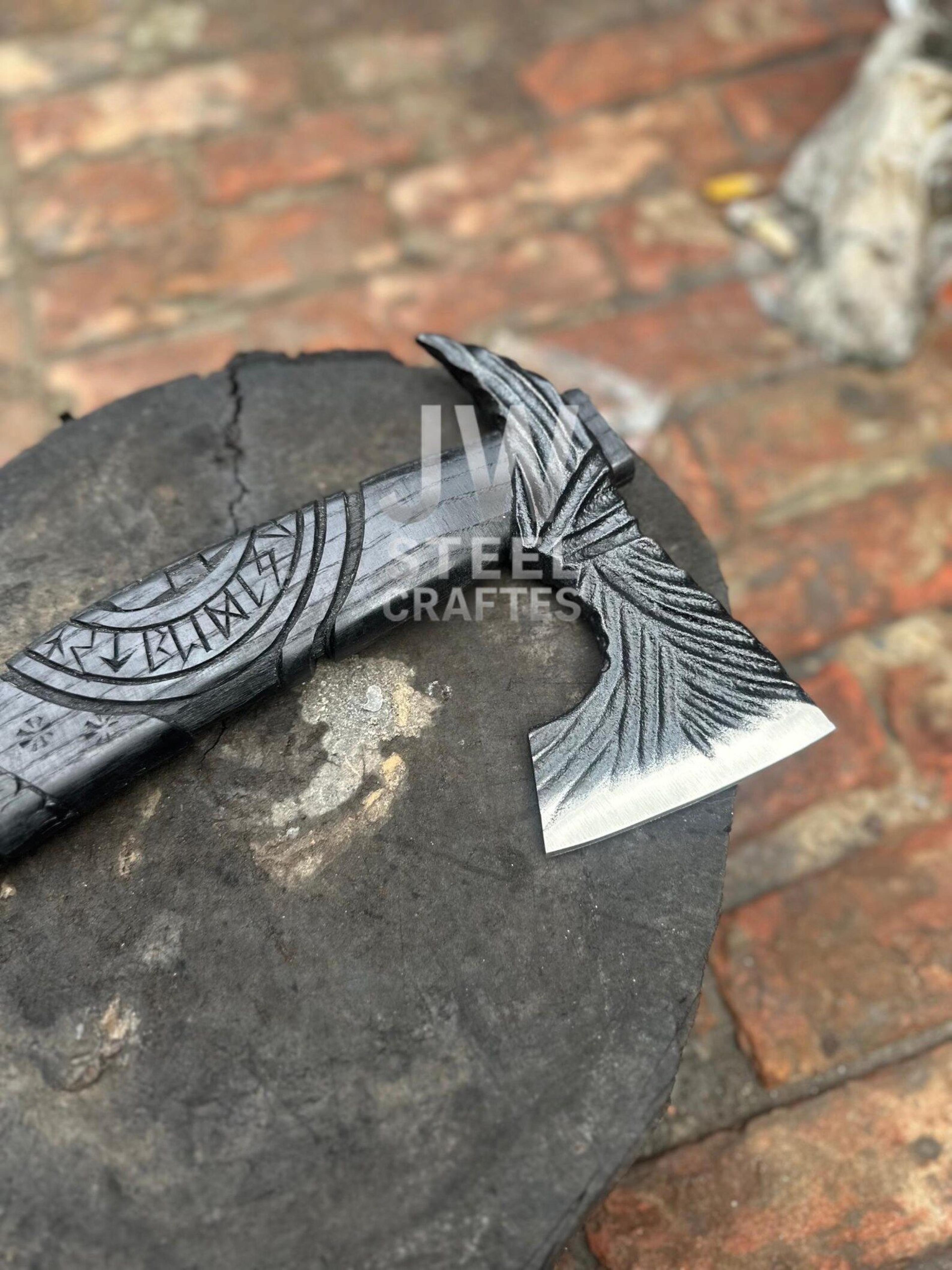 Handmade Viking Axe With Engraved Bearded Blade Carved Wooden Handle And Custom Leather Sheath 1
