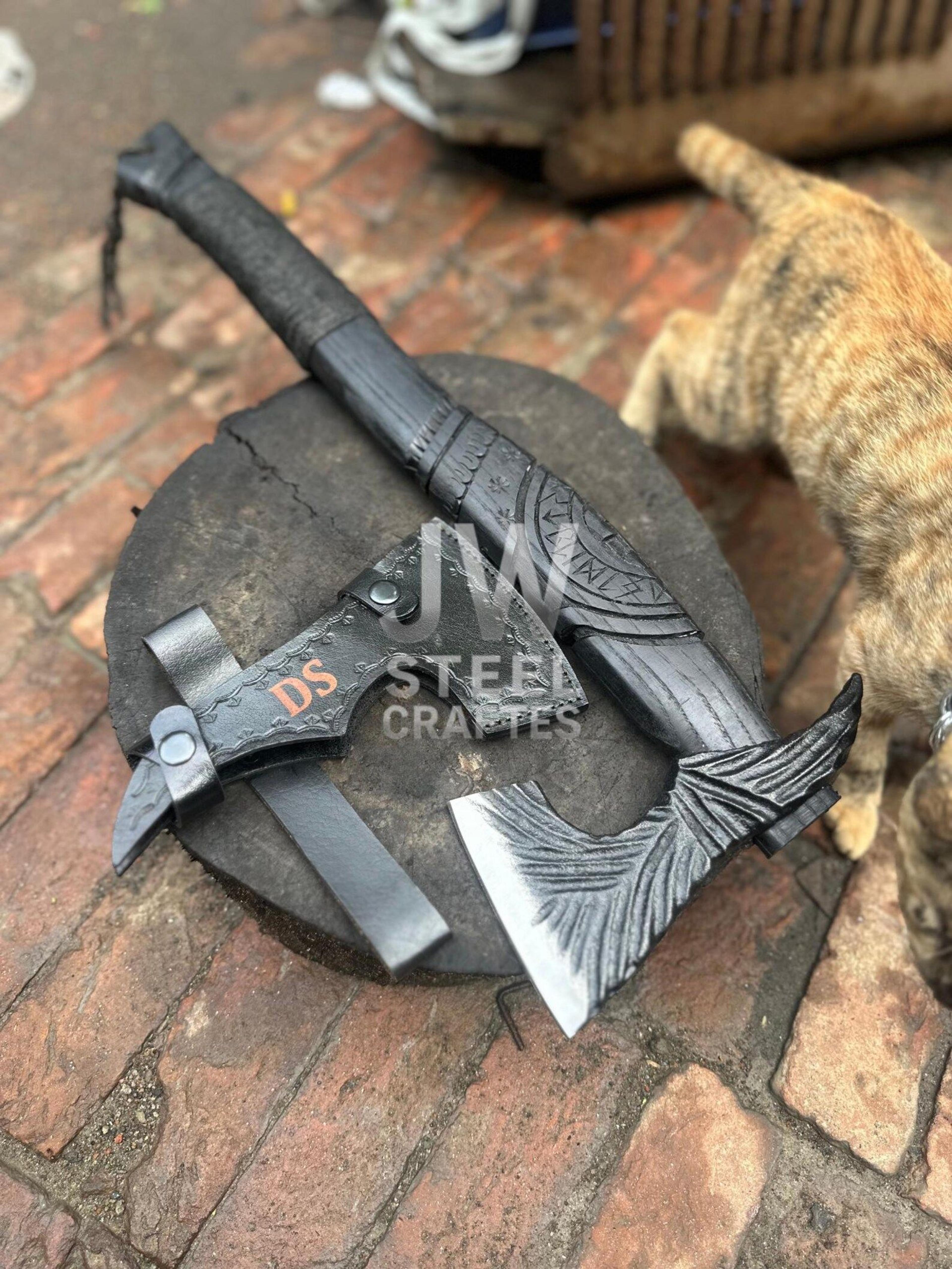 Handmade Viking Axe With Engraved Bearded Blade Carved Wooden Handle And Custom Leather Sheath 5