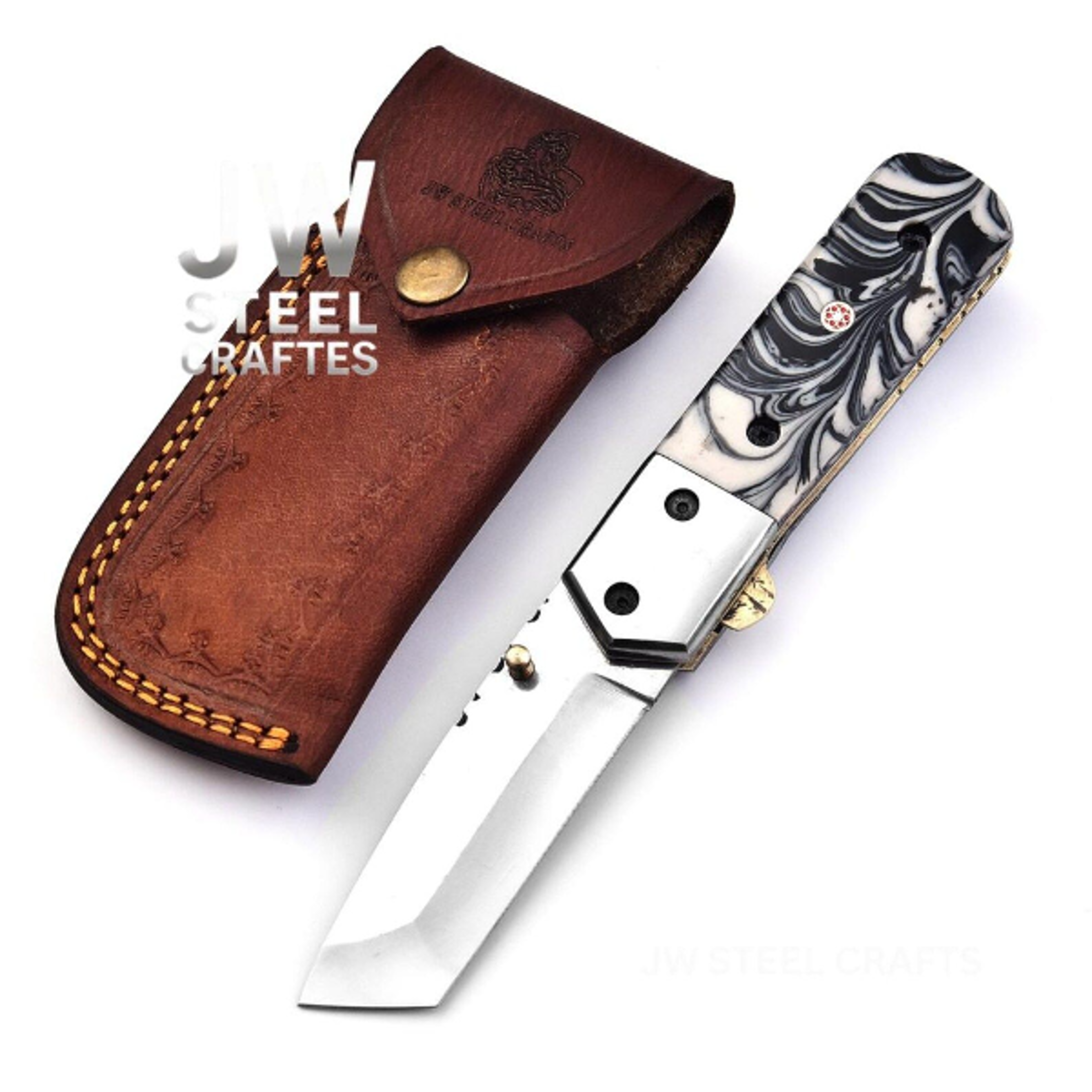 handmade cleaver folding pocket knife with stainless steel blade & marble resin handle – premium edc knife for outdoor