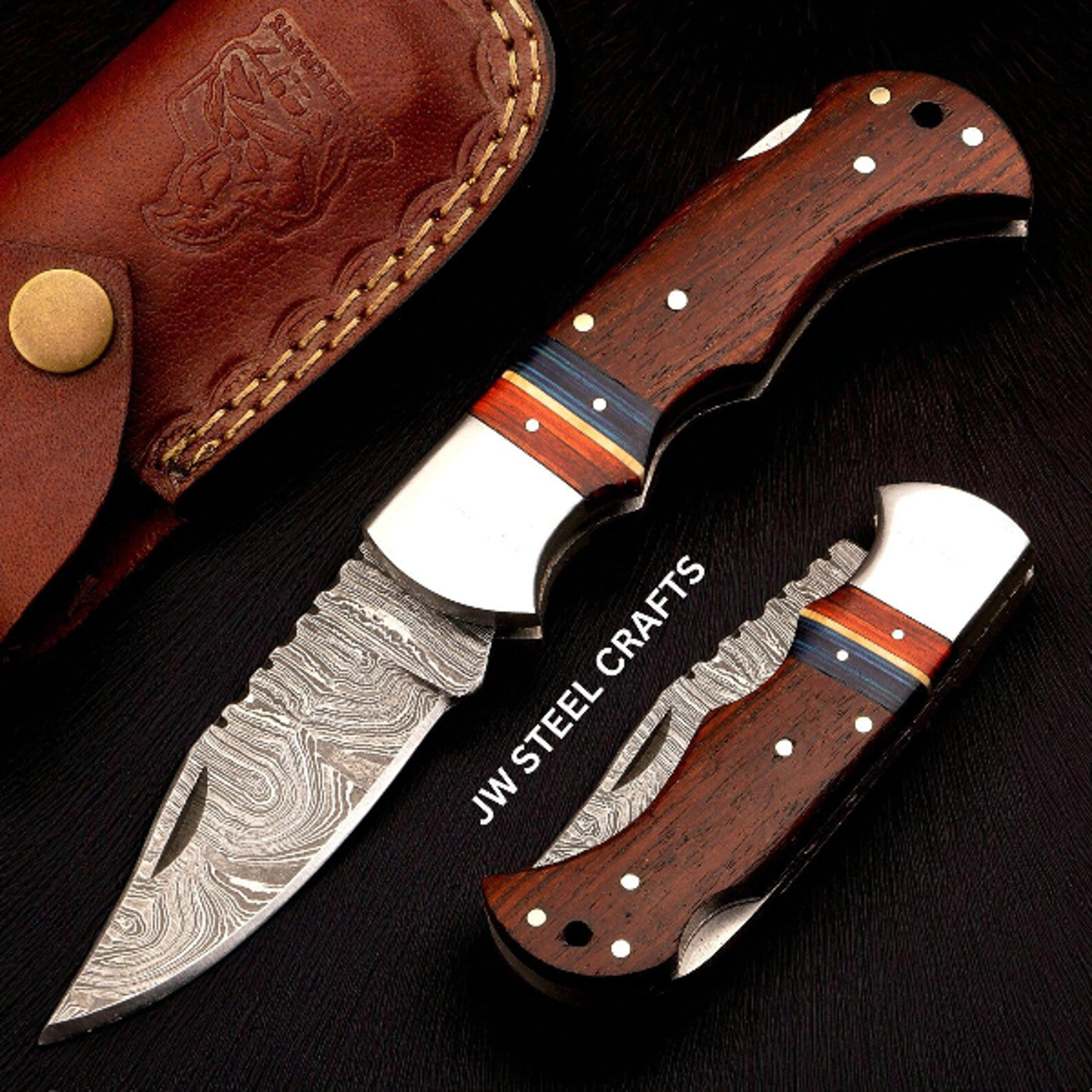 handmade damascus folding pocket knife with rosewood handle – premium edc hunting knife for outdoor & collectors