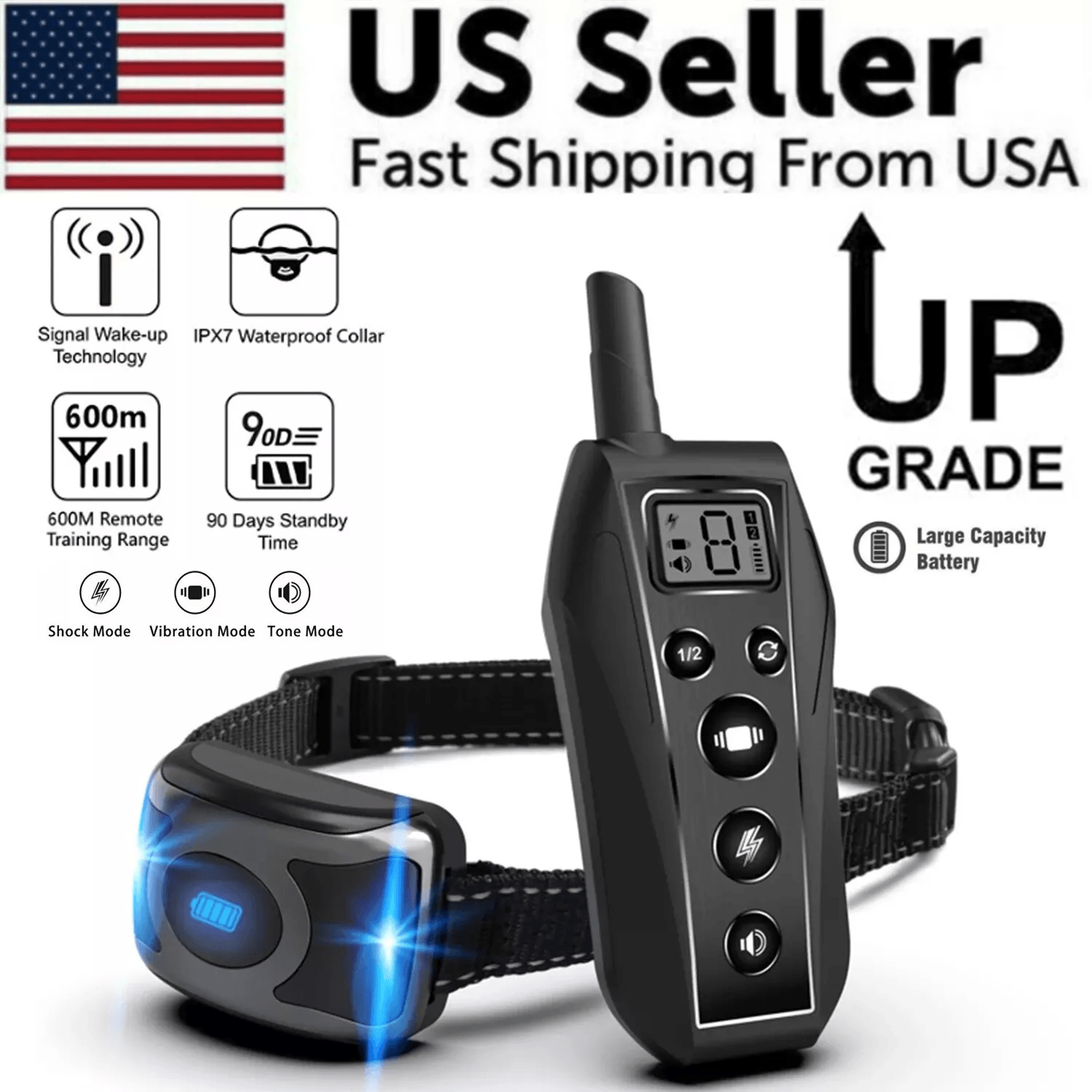 650 yd remote dog training shock collar waterproof, rechargeable, humane beep/vibration/static modes fits small, medium