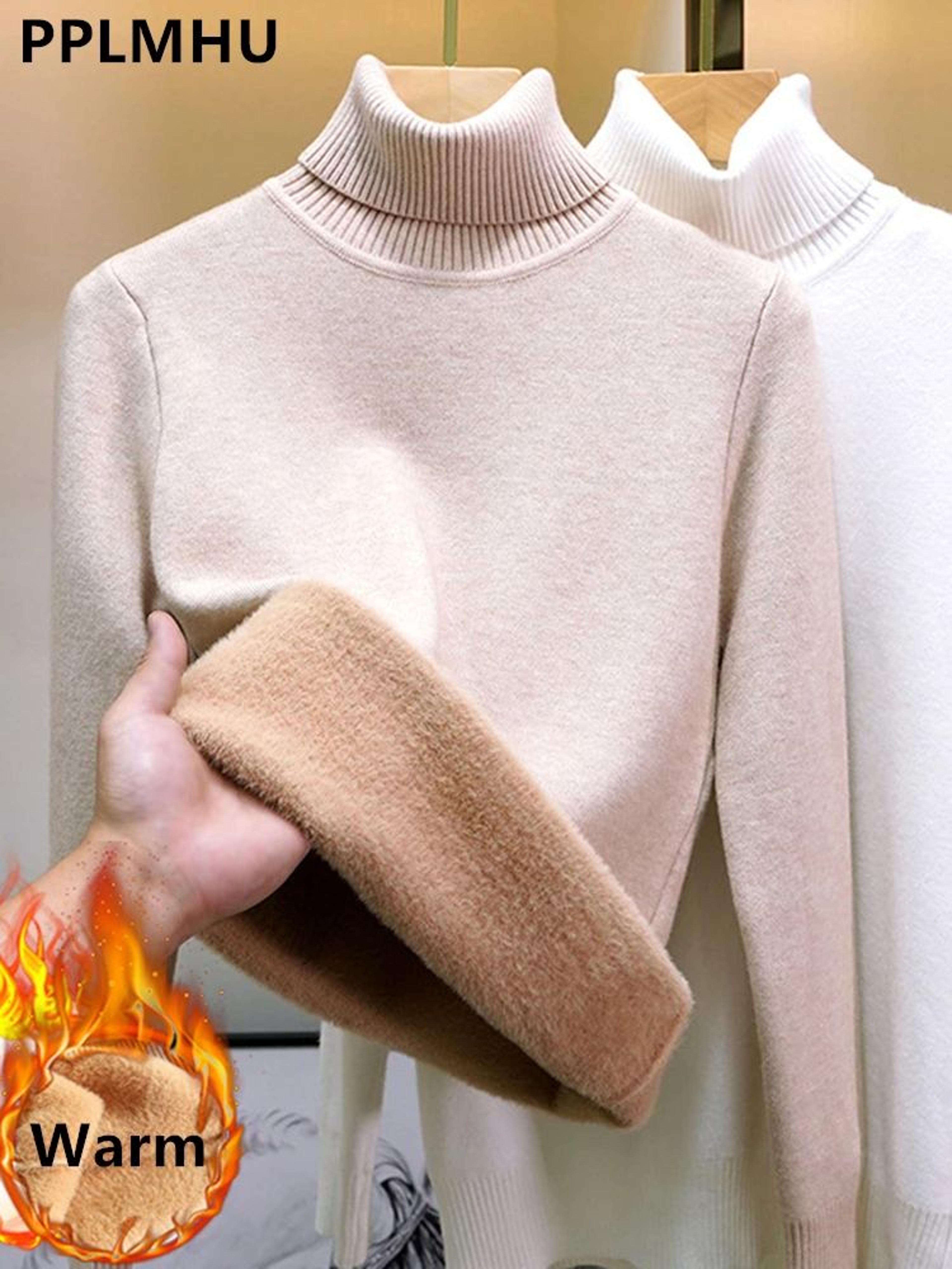 turtleneck winter sweater for women, elegant thickened velvet-lined knit pullover, slim fit knitted jumper top for cold